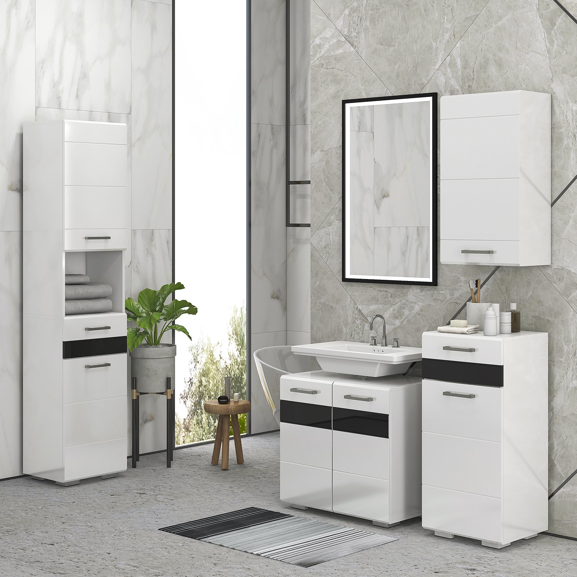 Easycomfort Colonna Bagno in MDF with Ripiano Aperto, Cassetto e Armadietto Chiuso, 37x32.5x170 cm, white