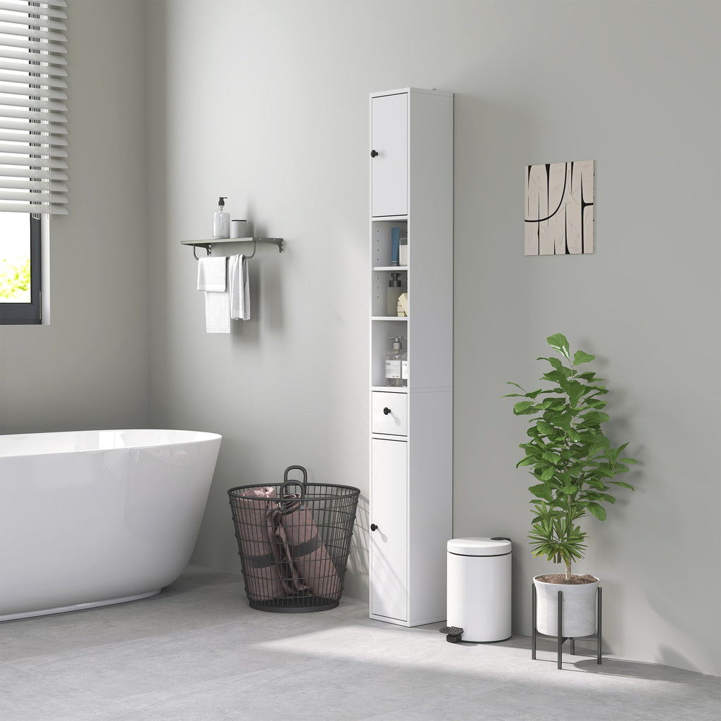 EasyComfort Colonna Bagno Salvaspazio with 2 Armadietti, 3 Ripiani Aperti e Cassetto, in Legno, 20x20x178 cm, white