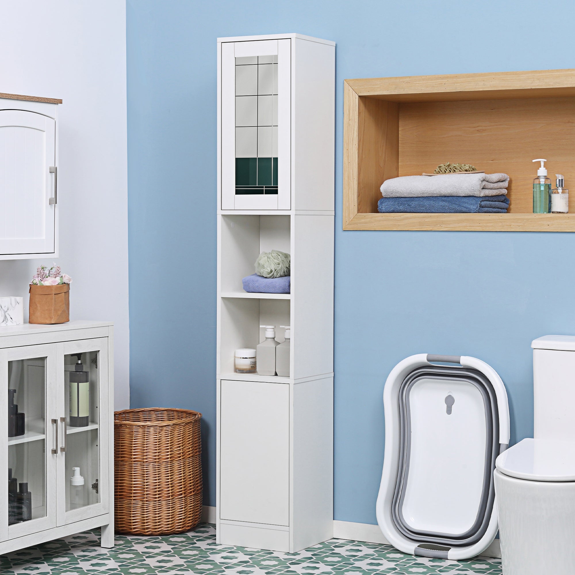 Easycomfort Colonna Bagno Salvaspazio in Legno with Specchio e Apertura a Pressione, 30x28x170cm, white