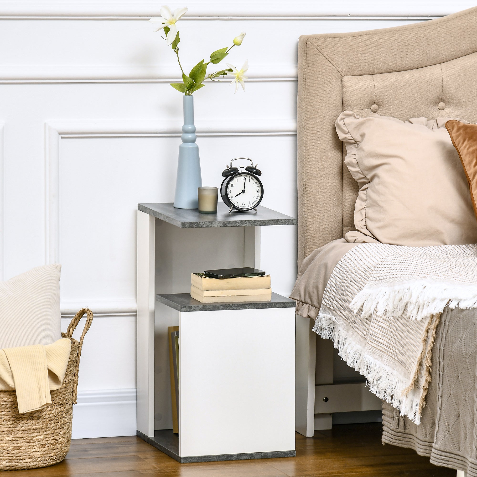 Easycomfort Comodino with Ripiano Aperto in Truciolato dal Design Irregolare, 35x29.5x60 cm, Grigio e white