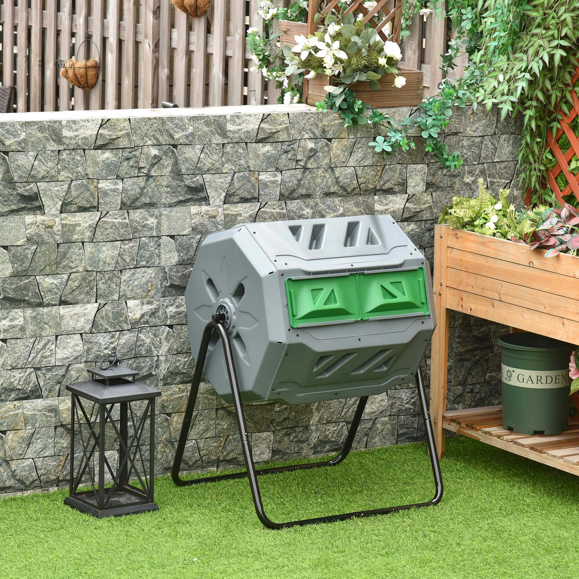 EasyComfort Compostiera da Giardino Girevole a 2 Sezioni with 8 Prese d'Aria, in Acciaio e PP, 71x65x96 cm, Grigio
