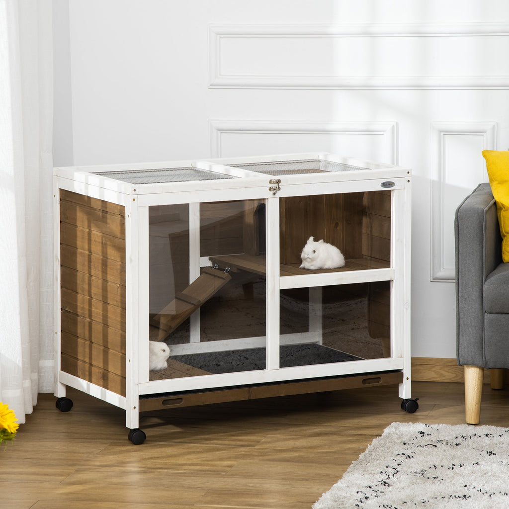 EasyComfort Conigliera a 2 Livelli con Casetta, Rampa e Vassoio Estraibile, in Legno di Abete, 91.5x53.3x73 cm, Marrone