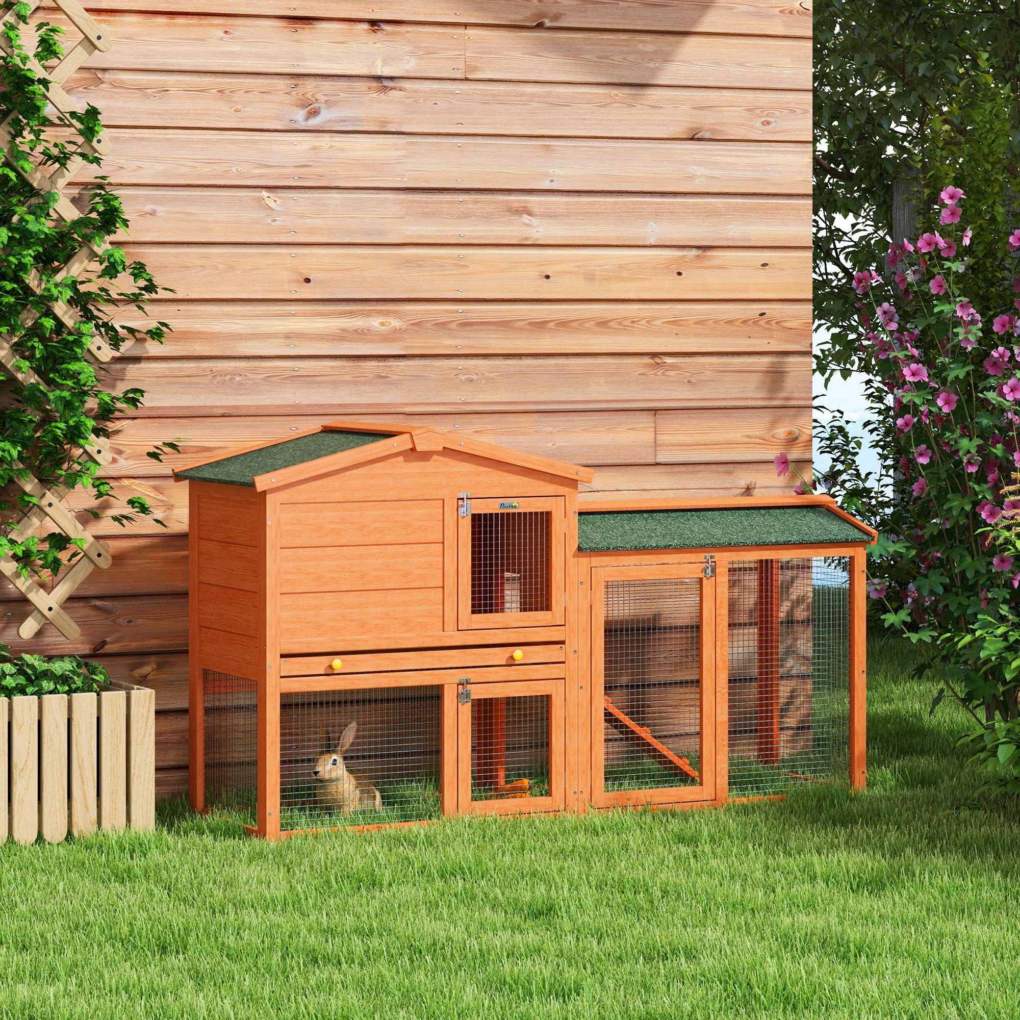 EasyComfort Conigliera a 2 Piani da Esterno in Legno di Abete e Filo di Metallo, 150x45x85 cm, Arancione