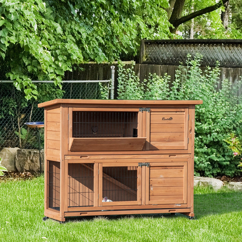 Easycomfort Conigliera in Legno a 2 Livelli with Ruote, Vassoio Estraibile e Rampa, 122x50x101cm