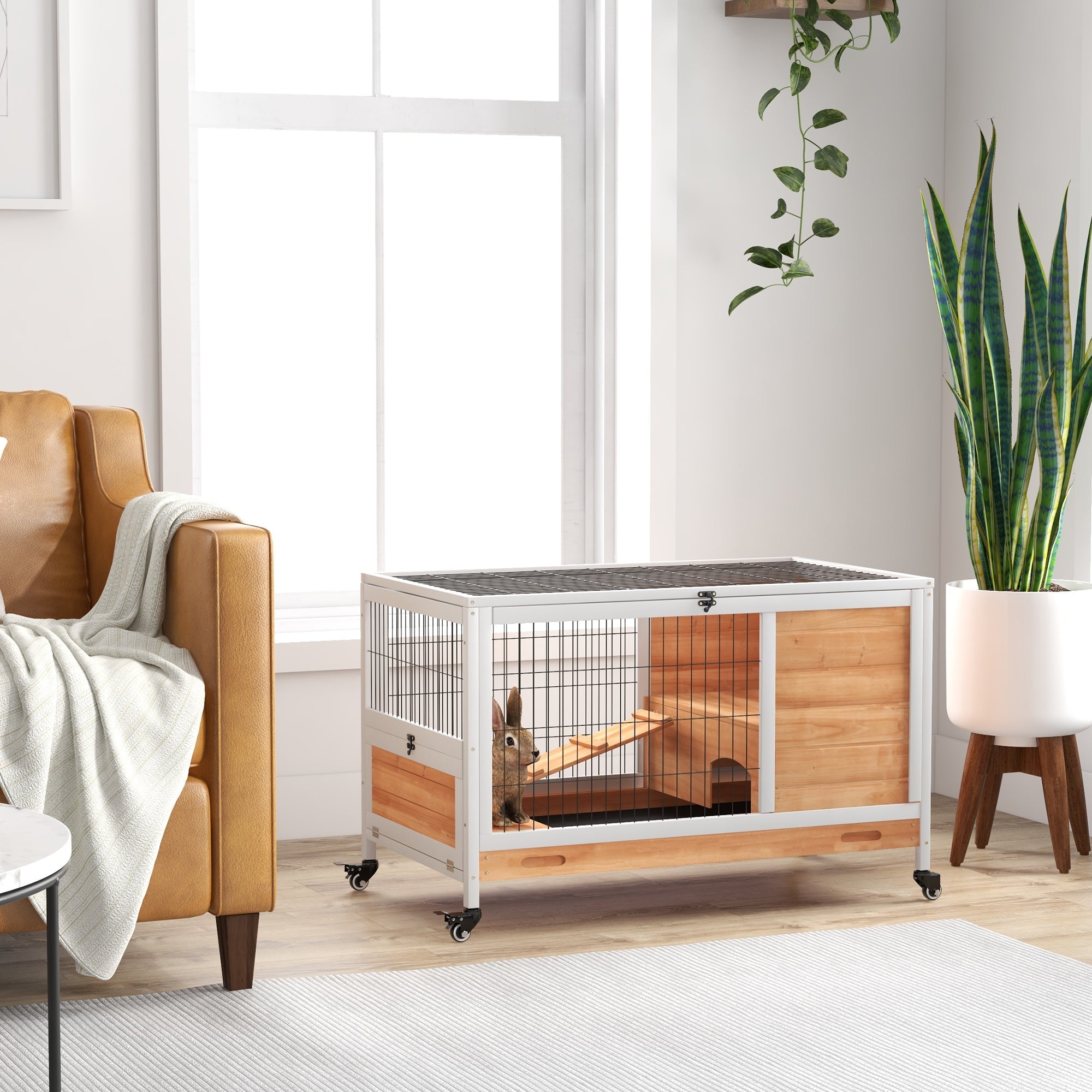 EasyComfort Konijnenhok vurenhout met 4 wielen 90x53x59 cm