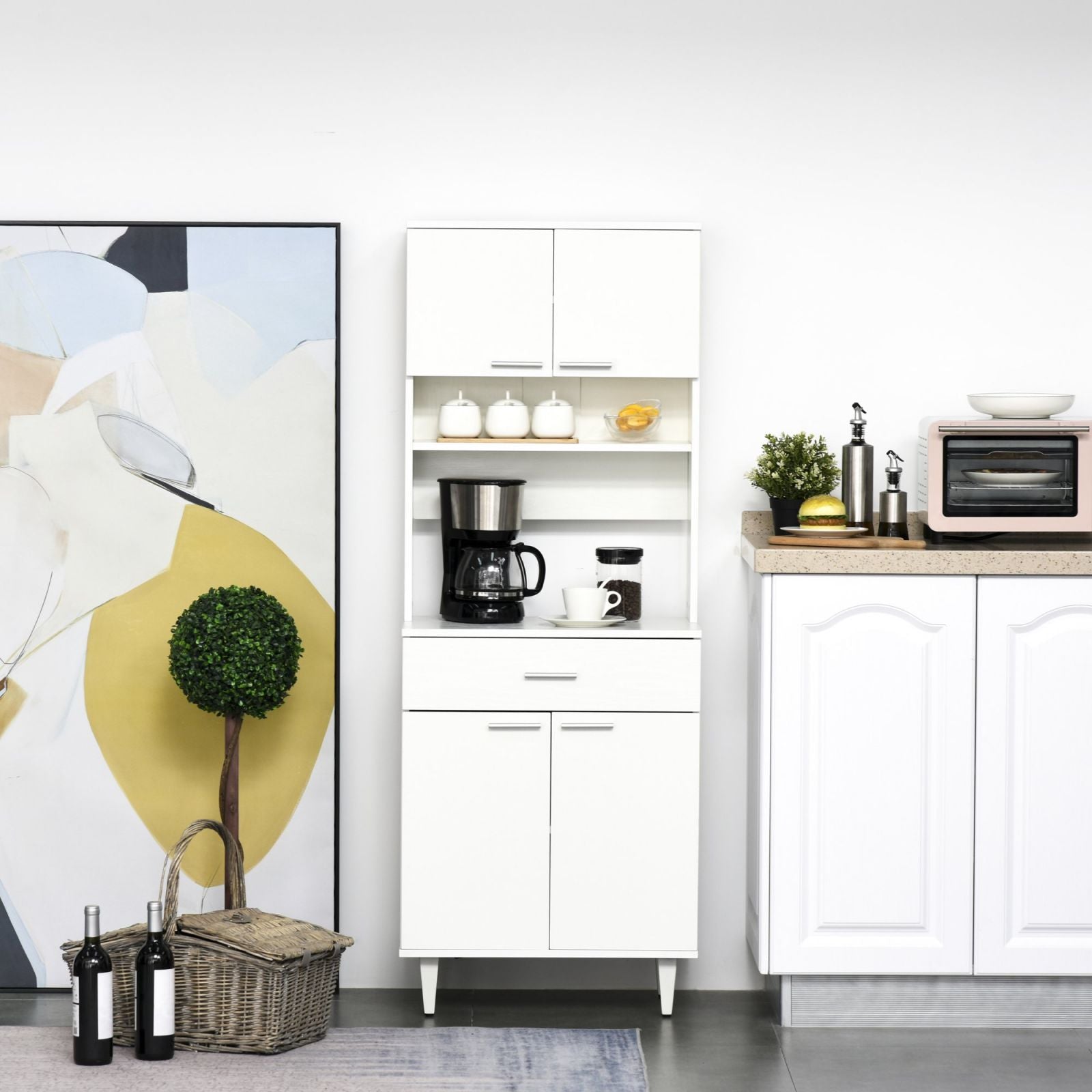 Easycomfort Credenza Alta da Cucina, Madia Classica Bianca in Legno with 2 Armadietti e 1 Mensola, white, 60x40x160cm
