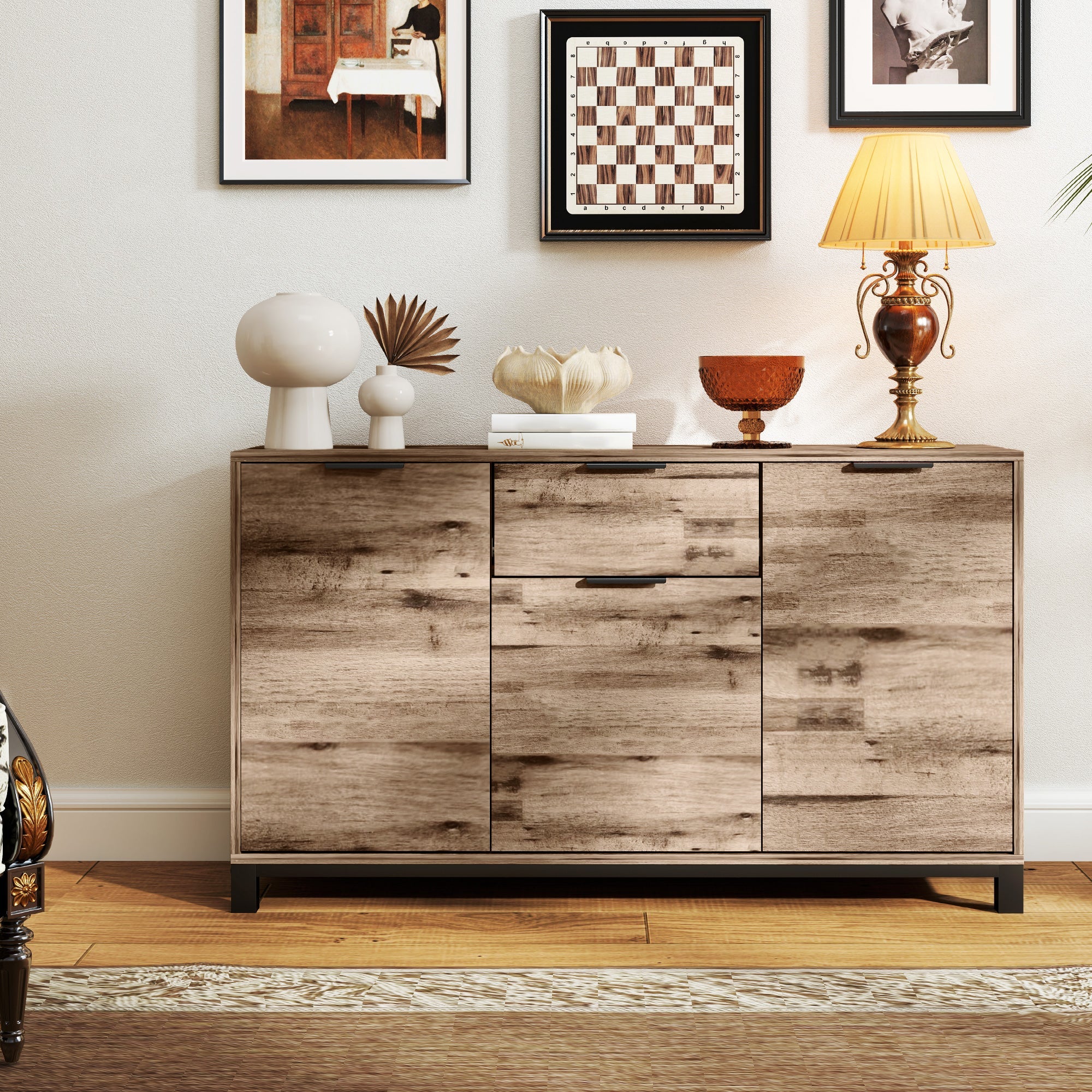 EasyComfort Credenza Buffet in stile Industriale with Cassetto e 3 Armadietti, in Legno Marrone, 120x36.5x70 cm