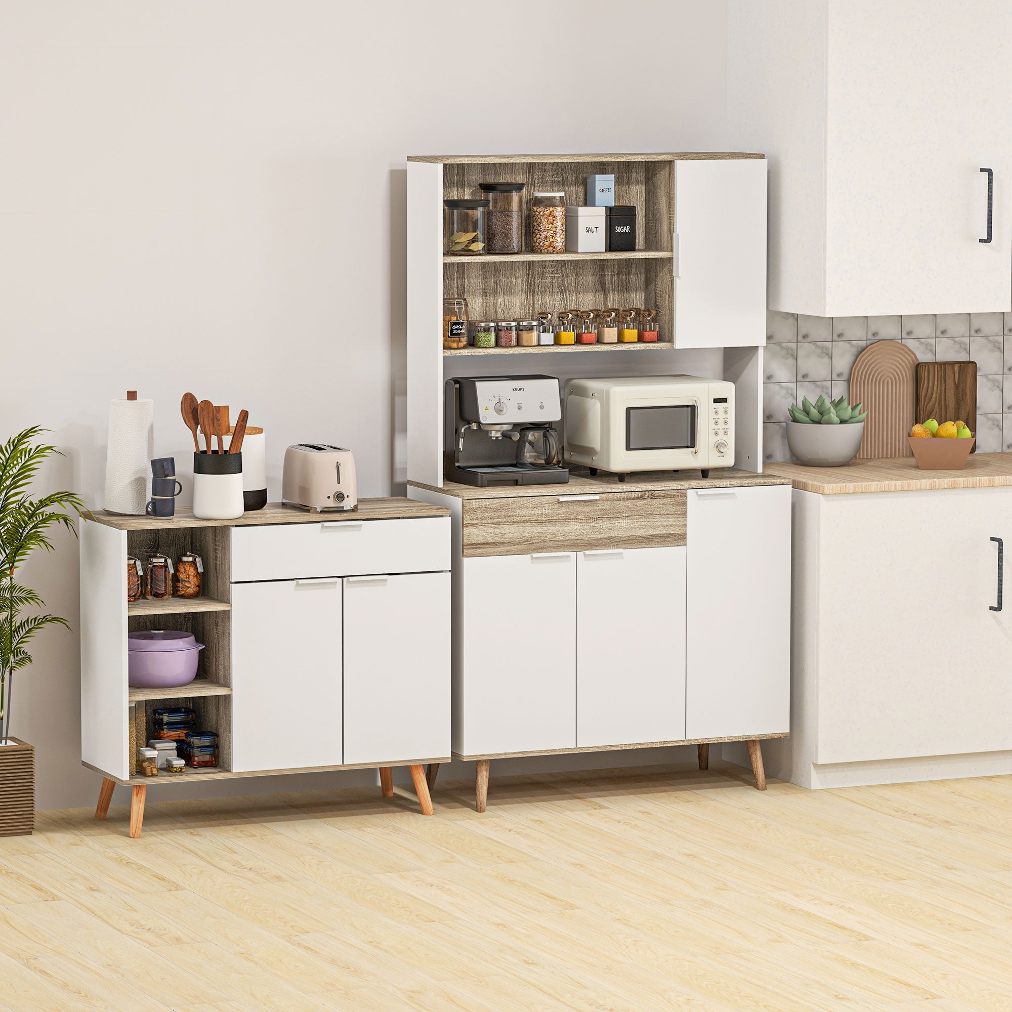 EasyComfort Credenza Cucina Alta Moderna con Armadietti e Cassetto, Mobile Dispensa con Ripiani regolabili, 98x39x180cm, Bianco e Legno