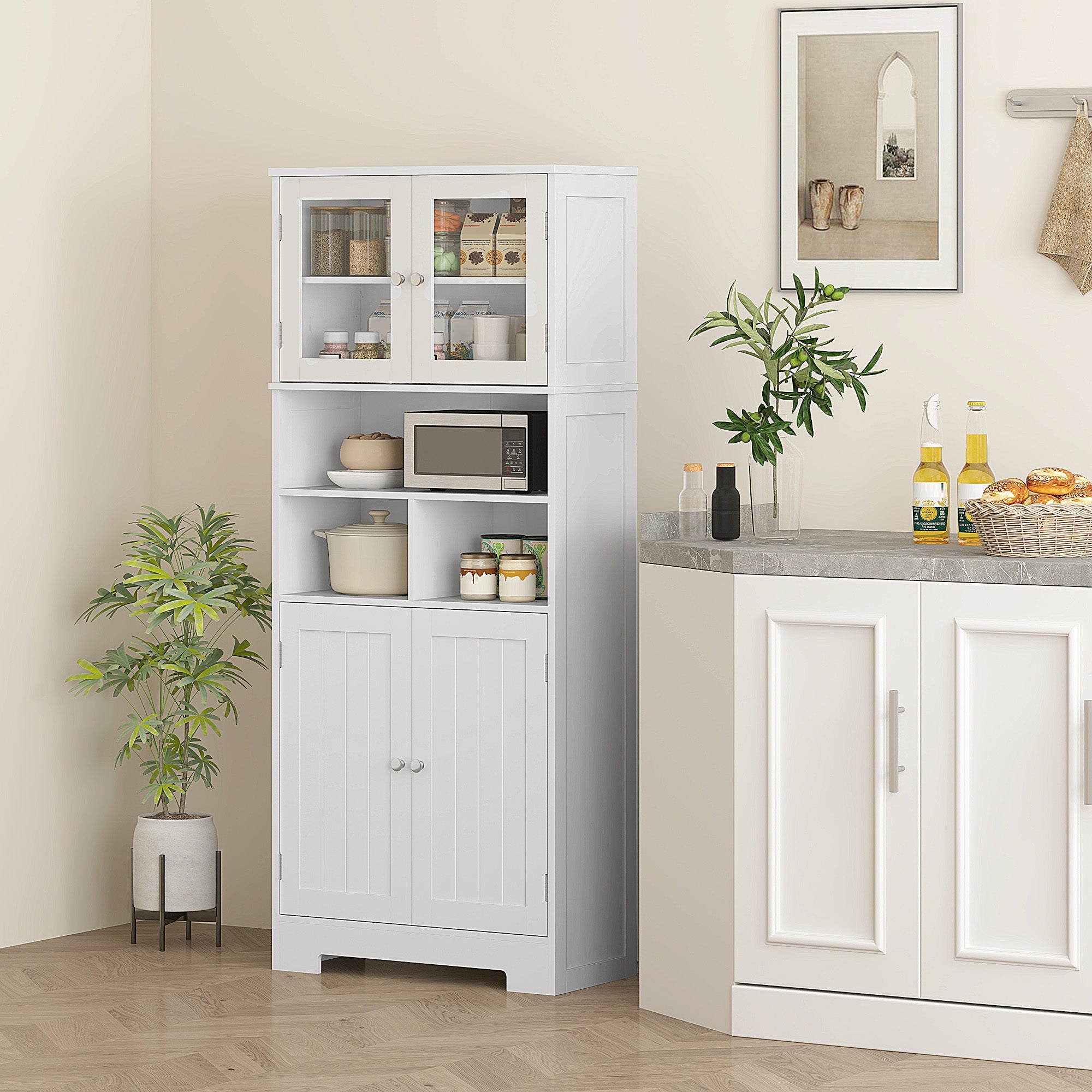 EasyComfort Credenza Cucina keukenkast 60x30x145.5 cm, 2 deurtjes, 3 open vakken, wit