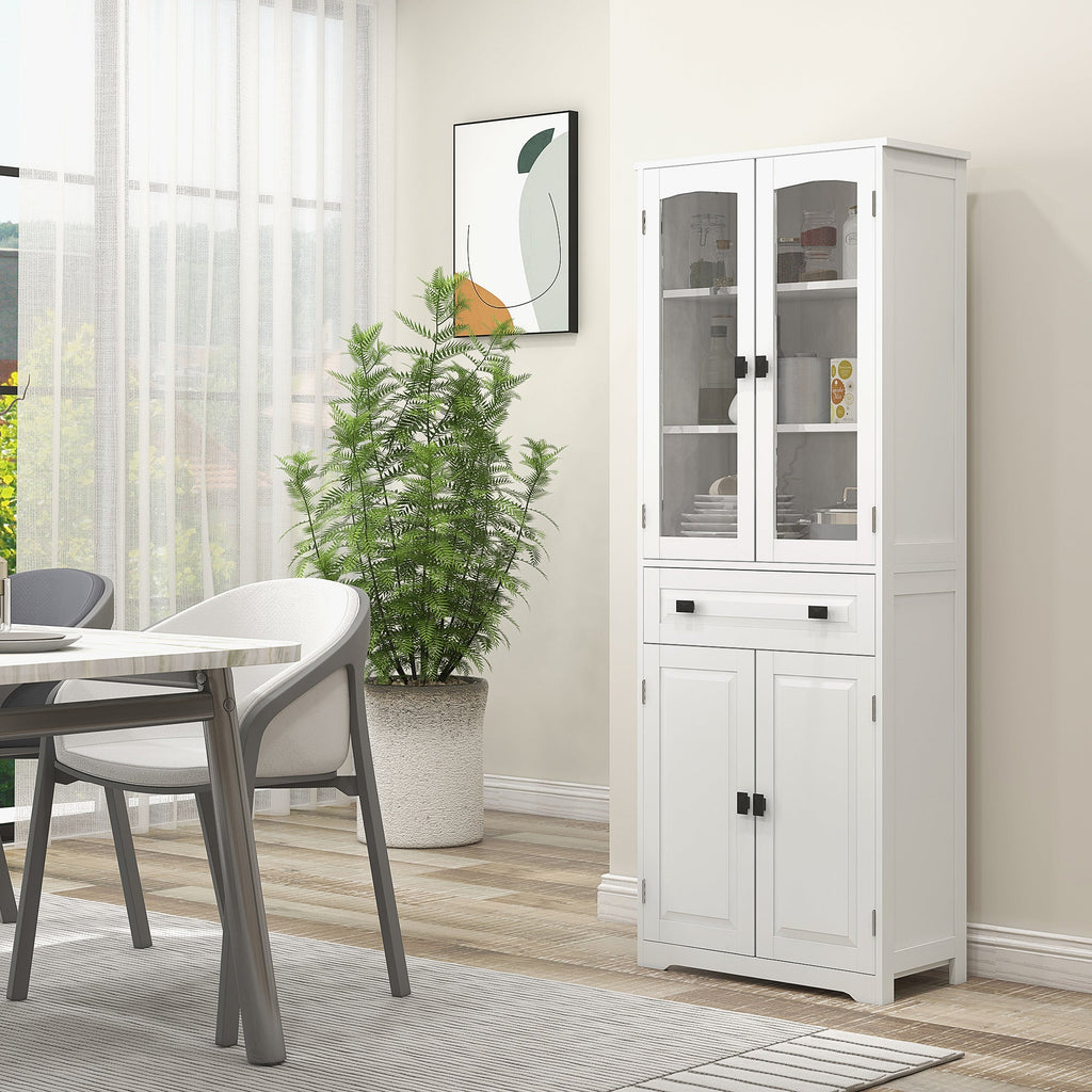 EasyComfort Credenza da Cucina Alta with 2 Armadietti e Cassetto, Ante a Vetri e Ripiani Regolabili, 60x30x160cm, white