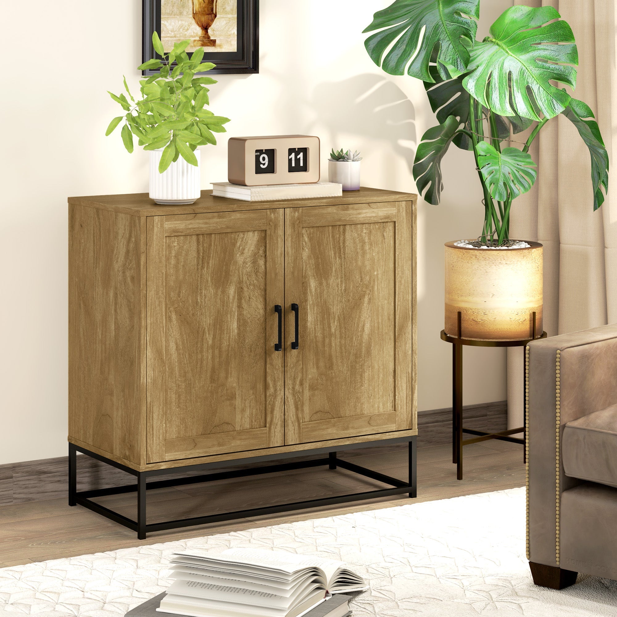 EasyComfort Credenza da Soggiorno a 2 Livelli with Ripiano Regolabile, in Legno e Acciaio, 80x40x78 cm, Marrone e black