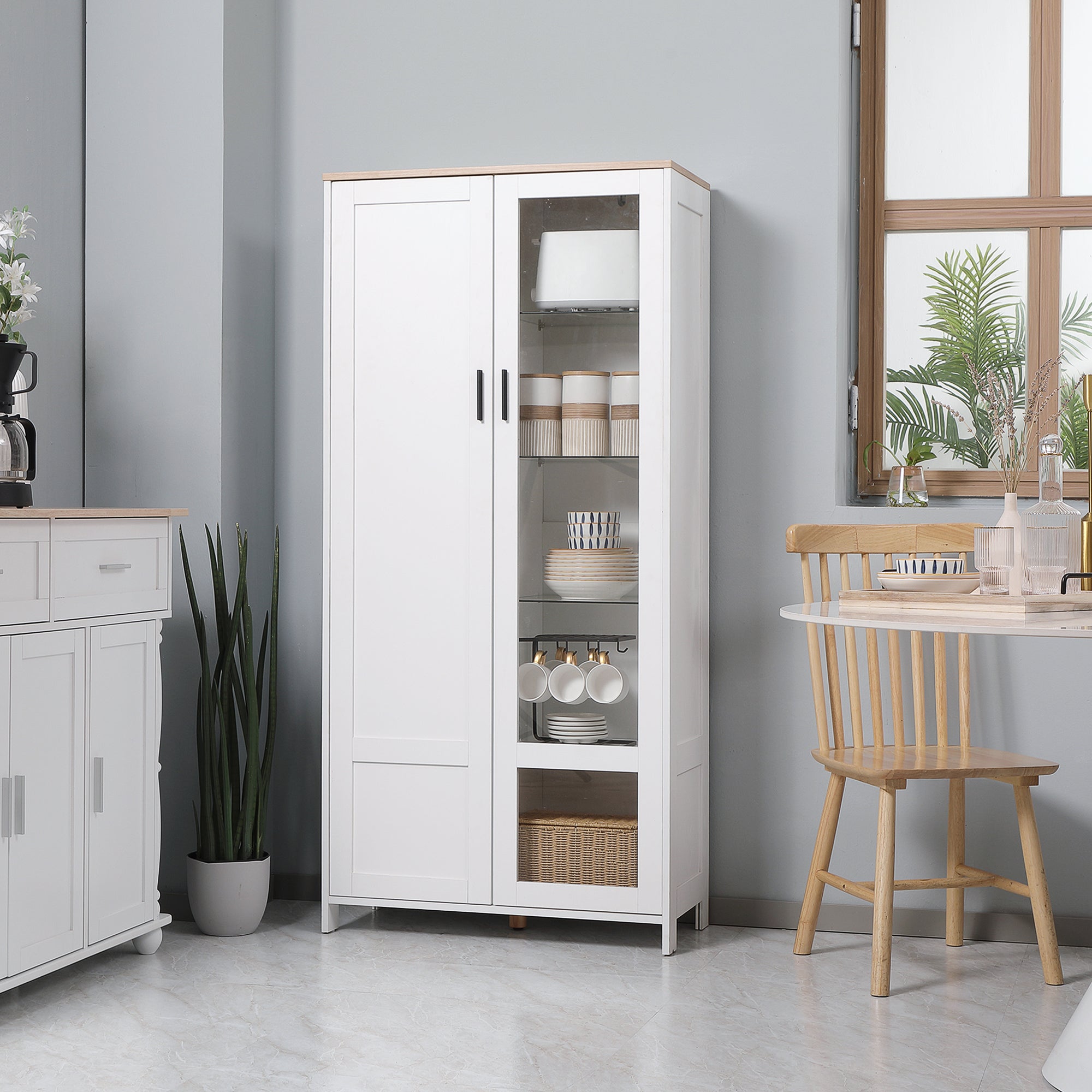 Easycomfort Credenza Moderna a 2 Ante with Mensole Regolabili in Legno e Vetro, 76x36x160cm, white