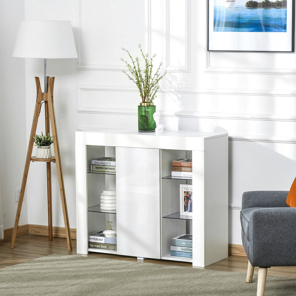Easycomfort Credenza Moderna a Anta with Luci LED e Mensole in Vetro, Mobile Multiuso in Legno with Finitura Lucida, 97x35x83cm, white