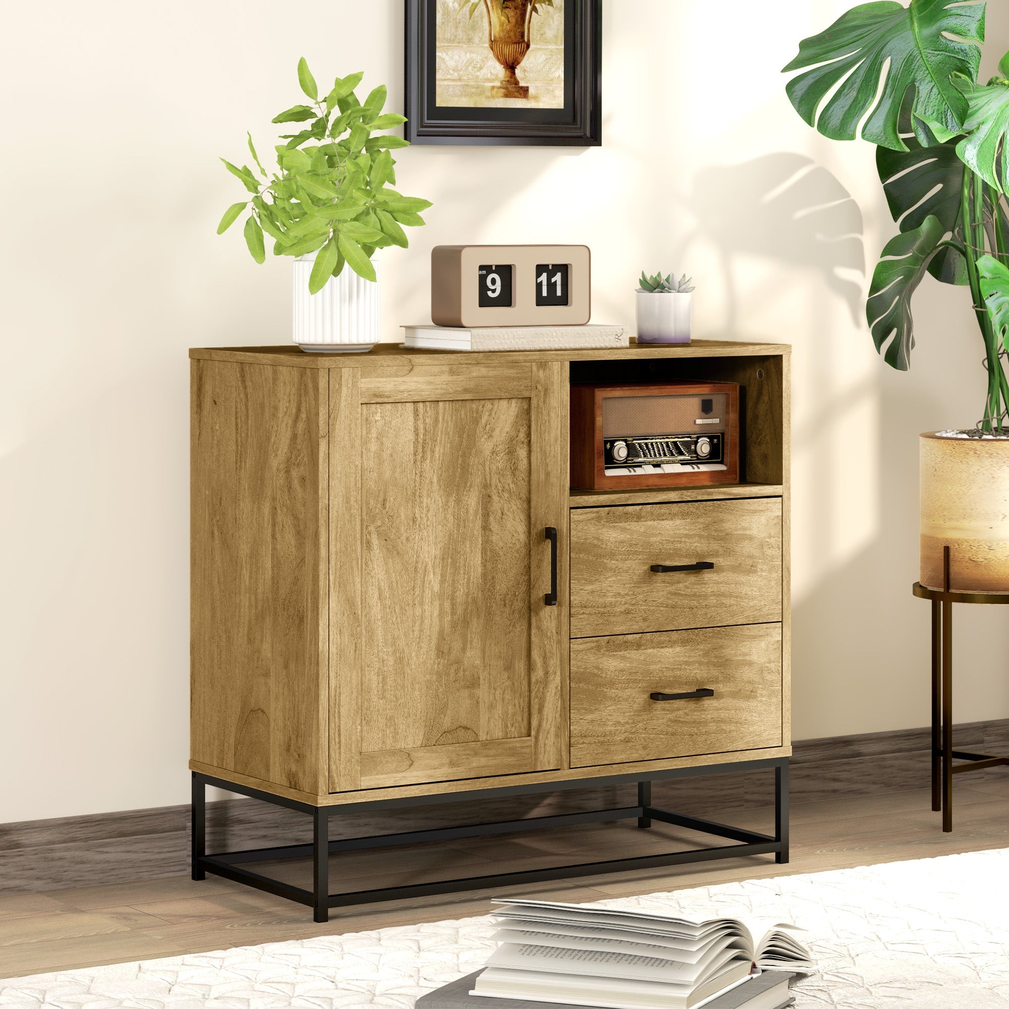 EasyComfort Credenza Moderna with 2 Cassetti, Armadietto Regolabile e Ripiano Aperto, in Legno e Acciaio, 80x40x78 cm, Marrone