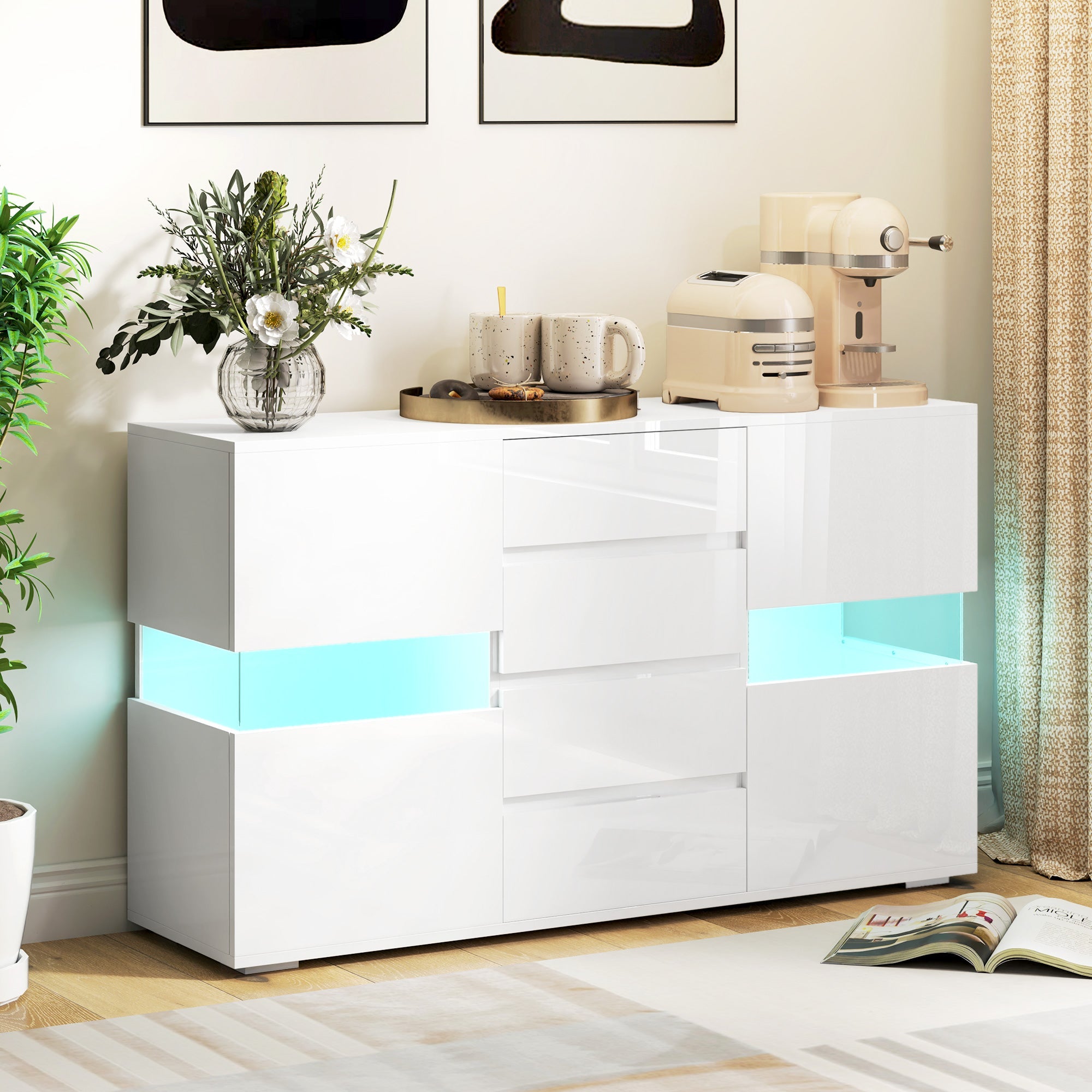 EasyComfort Credenza Moderna dressoir 120x34x70 cm, wit, LED en 4 lades