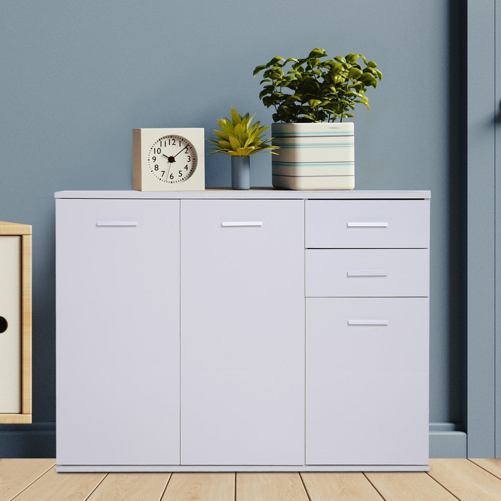 Easycomfort Credenza Soggiorno with 3 Armadietti e 2 Cassetti, Madia Soggiorno Moderna Salvaspazio with Ripiano Regolabile in Legno, 106x35x76 cm, white