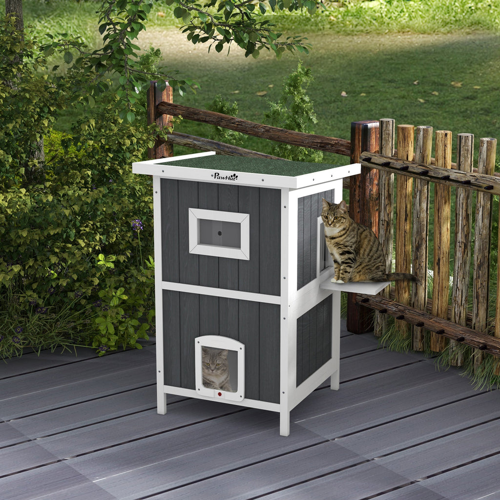 EasyComfort Cuccia per Gatti da Esterno in Legno a 2 Livelli con Tetto in Asfalto e 4 Porte, 60x60x90.5cm, Grigio