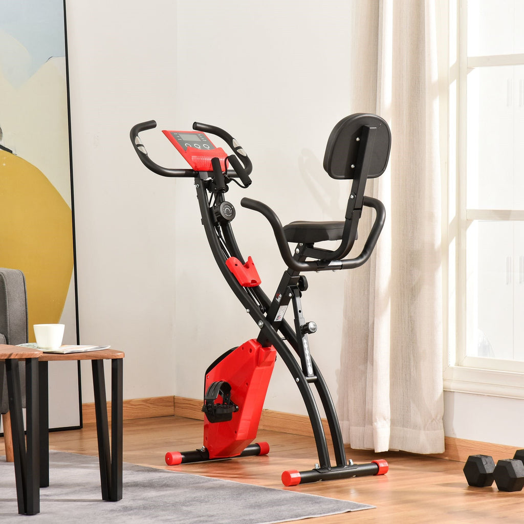 Easycomfort Cyclette Pieghevole 2 in 1, Resistenza Magnetica Regolabile 8 Livelli, Bici da Fitness with Sensore di Frequenza Cardiaca, Elastici per Braccia, Schermo LCD, Rosso