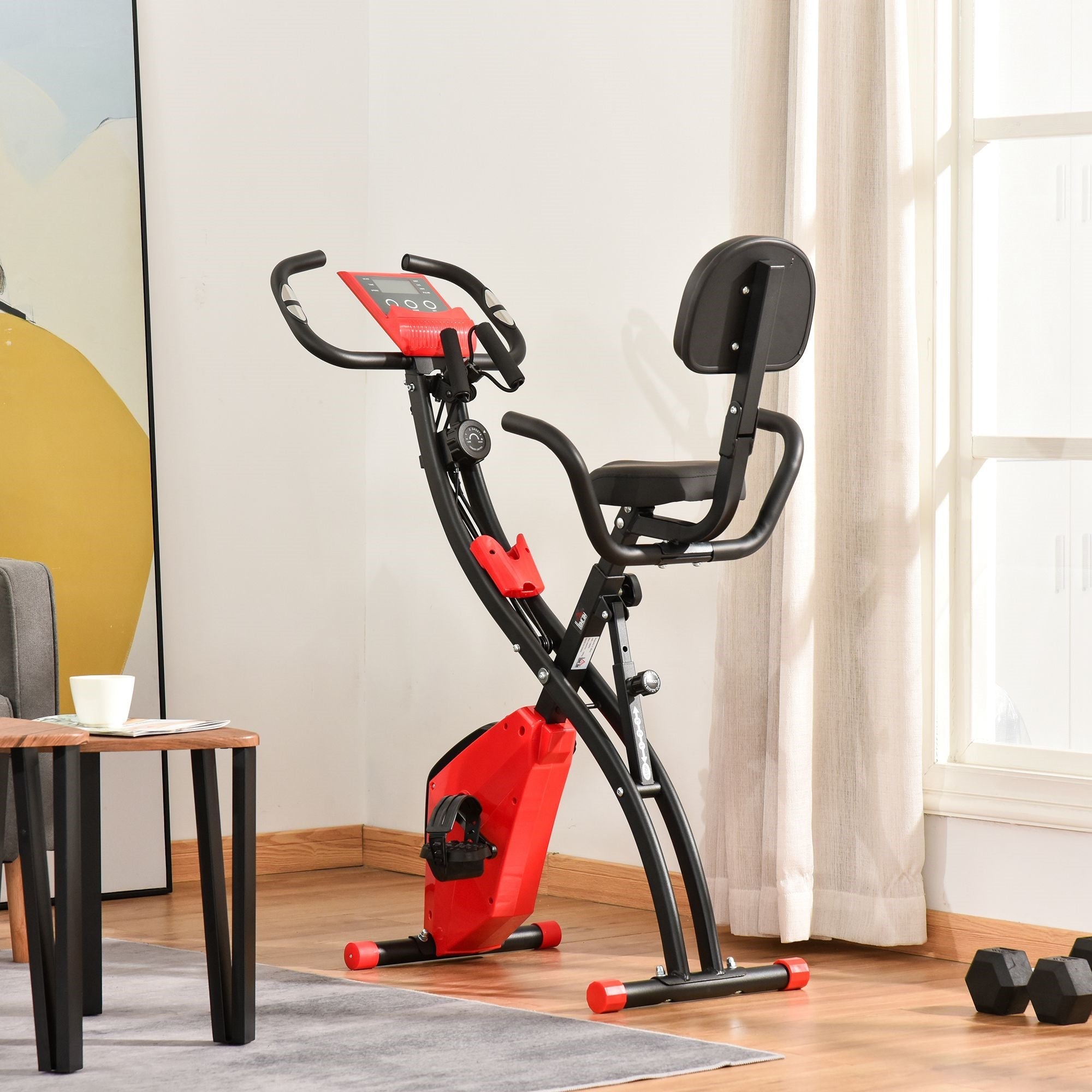 Easycomfort Cyclette Pieghevole 2 in 1, Resistenza Magnetica Regolabile 8 Livelli, Bici da Fitness with Sensore di Frequenza Cardiaca, Elastici per Braccia, Schermo LCD, Rosso