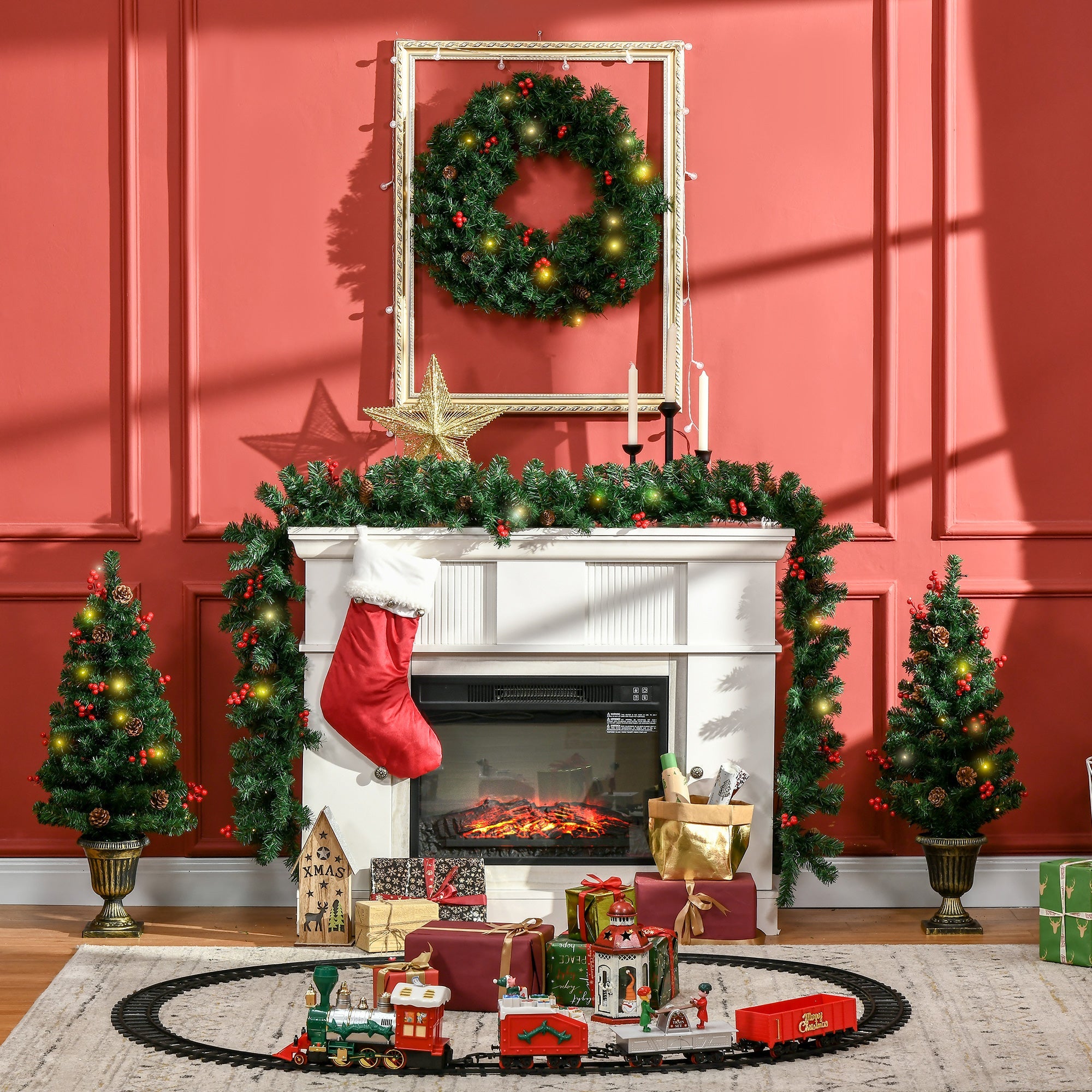 Easycomfort Decorazioni Natalizie, Set 4 Pezzi with 2 Alberelli di Natale Φ40x90 cm, Ghirlanda Natalizia e Corona di Natale