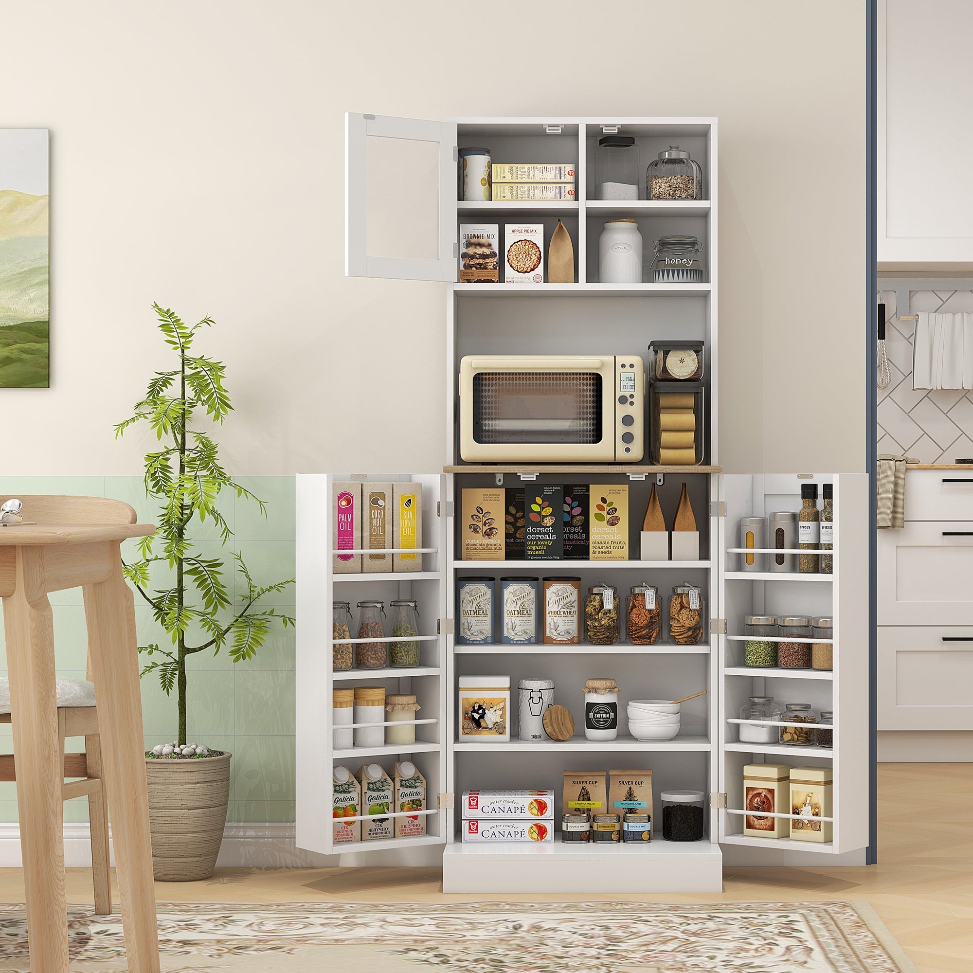 EasyComfort Dispensa da Cucina Porta Microonde with Ripiani Aperti e Armadietto with Portaspezie, 60x35x169 cm, white