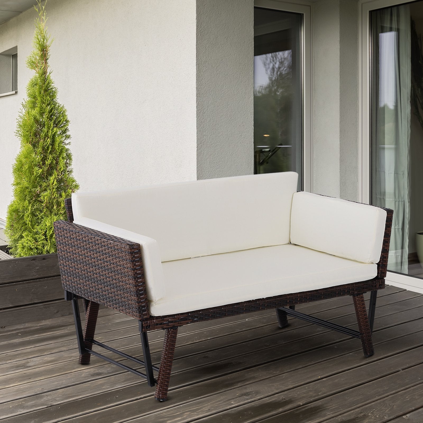 EASYCOMFORT 2 Seater Sofa with Extendable Garden Armrests Rattan 129x63x67cm White, Brown
