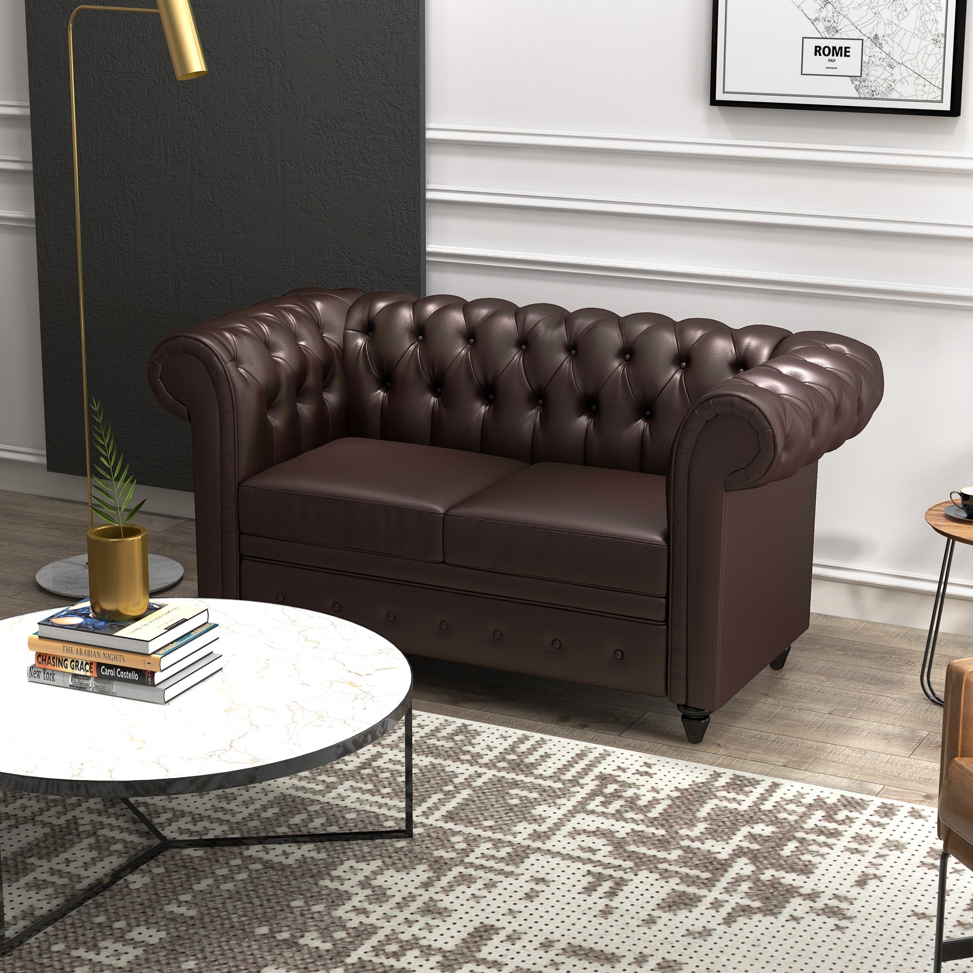 EasyComfort Divano 2 Posti stile Chesterfield with Cuscino Rimovibile, in Ecopelle, Legno e Metallo, 160x84x80 cm, Marrone