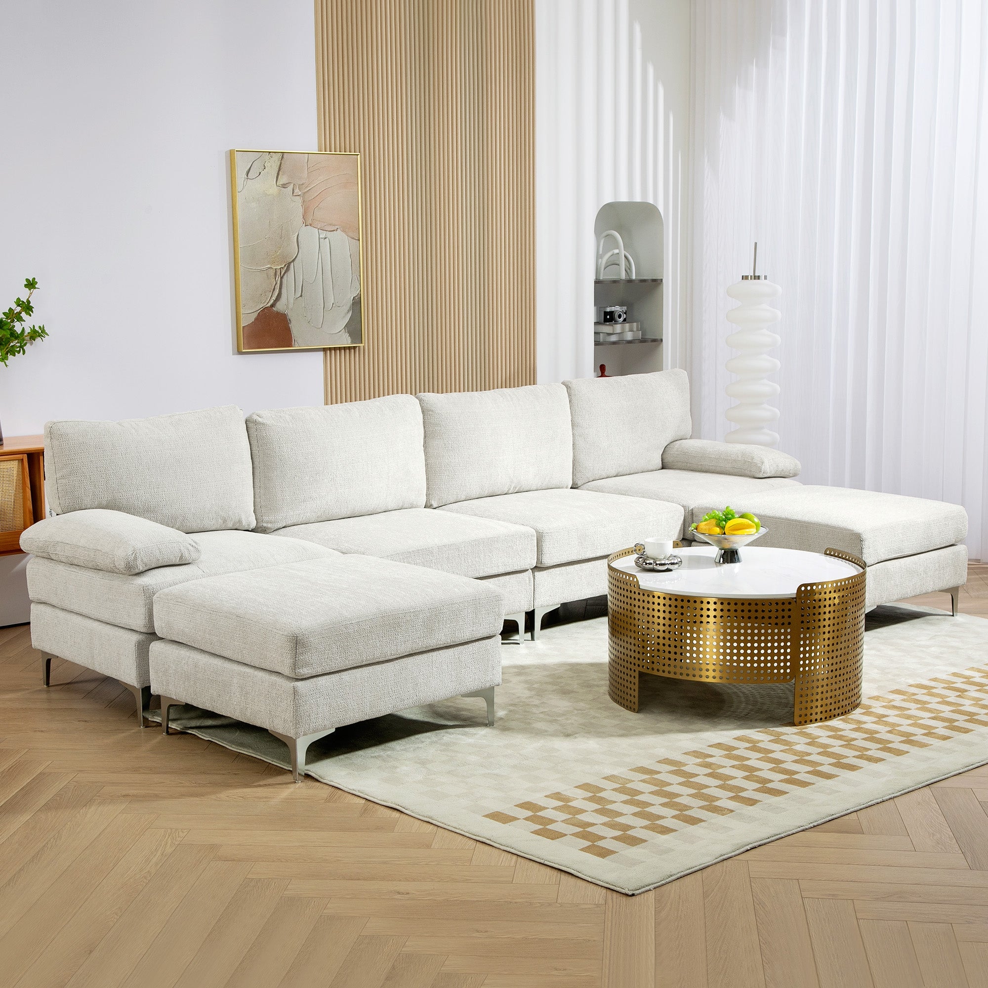 EasyComfort Divano Componibile 4 Pezzi with Poggiapiedi e Cuscini, in Tessuto effetto Ciniglia, 313x149x88 cm, white Crema