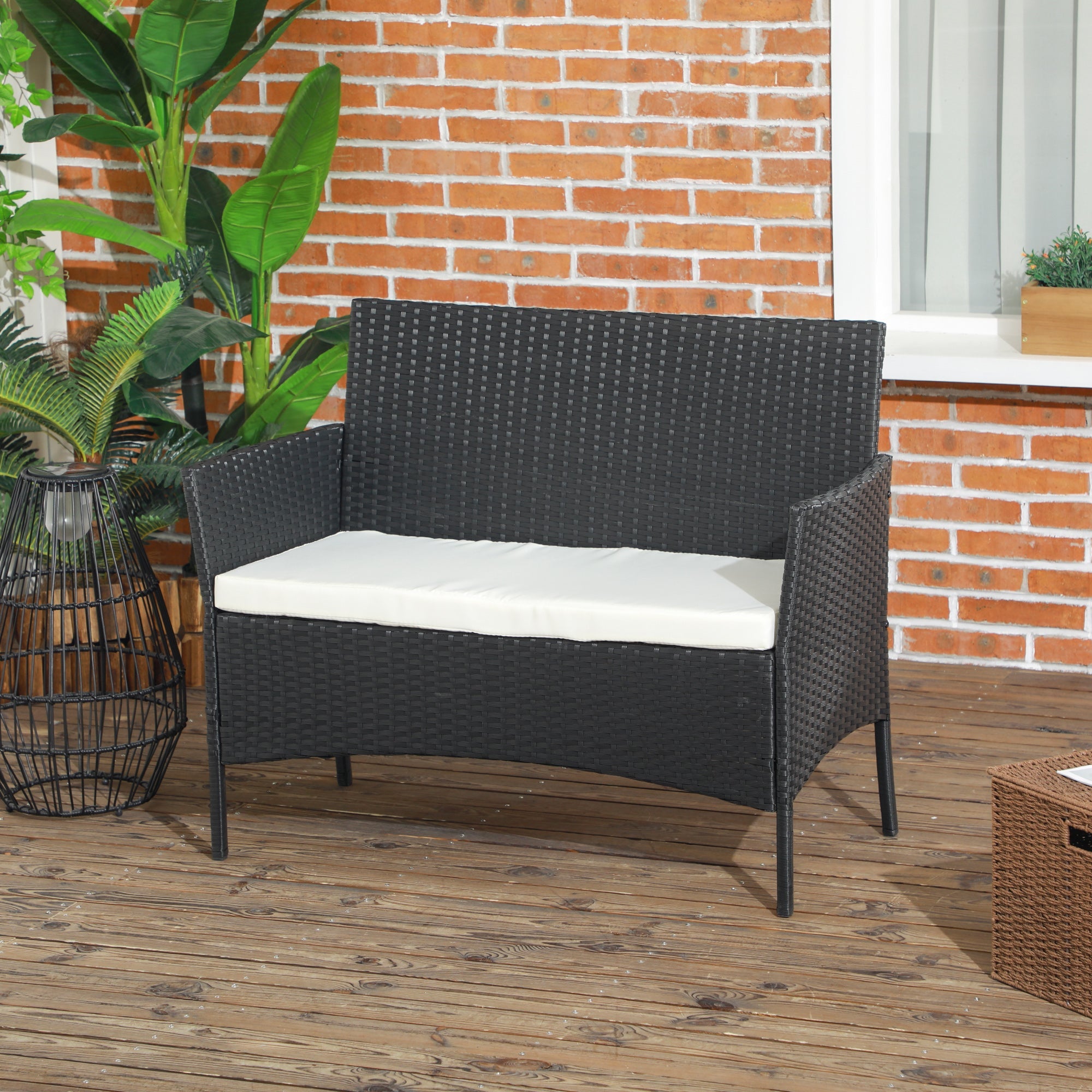 EasyComfort 2‑zits tuinbank in rattan PE en staal, 100×54×80 cm, zwart