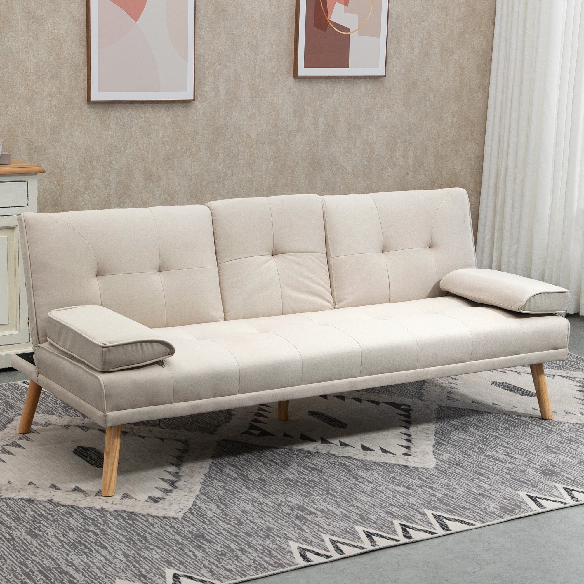 Easycomfort Divano Letto 3 Posti Reclinabile with Rivestimento Effetto Lino e Tavolino a Ribalta, Beige