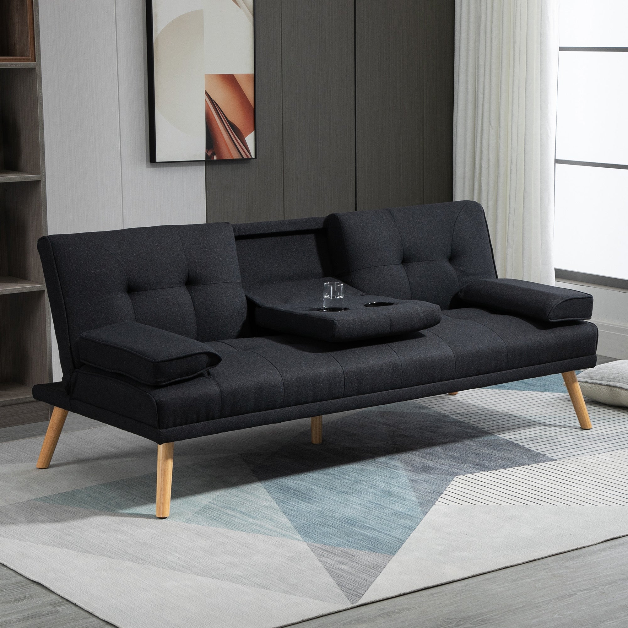 EasyComfort Divano Letto 3 Posti Reclinabile with Rivestimento Effetto Lino e Tavolino a Ribalta, Grigio
