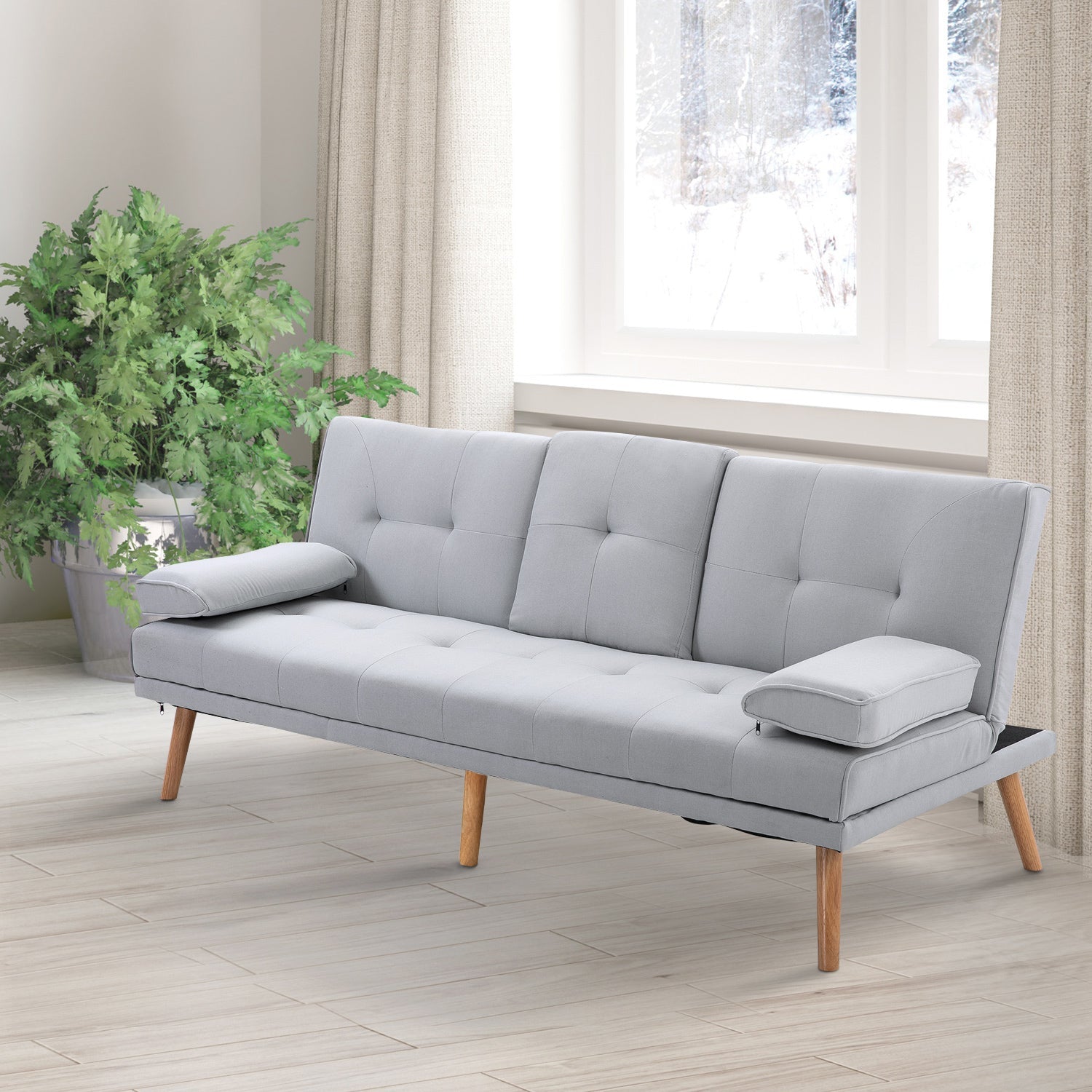Easycomfort Divano Letto 3 Posti Stile Scandinavo Reclinabile with Tavolino a Ribalta, 181x77x88 cm, Grigio