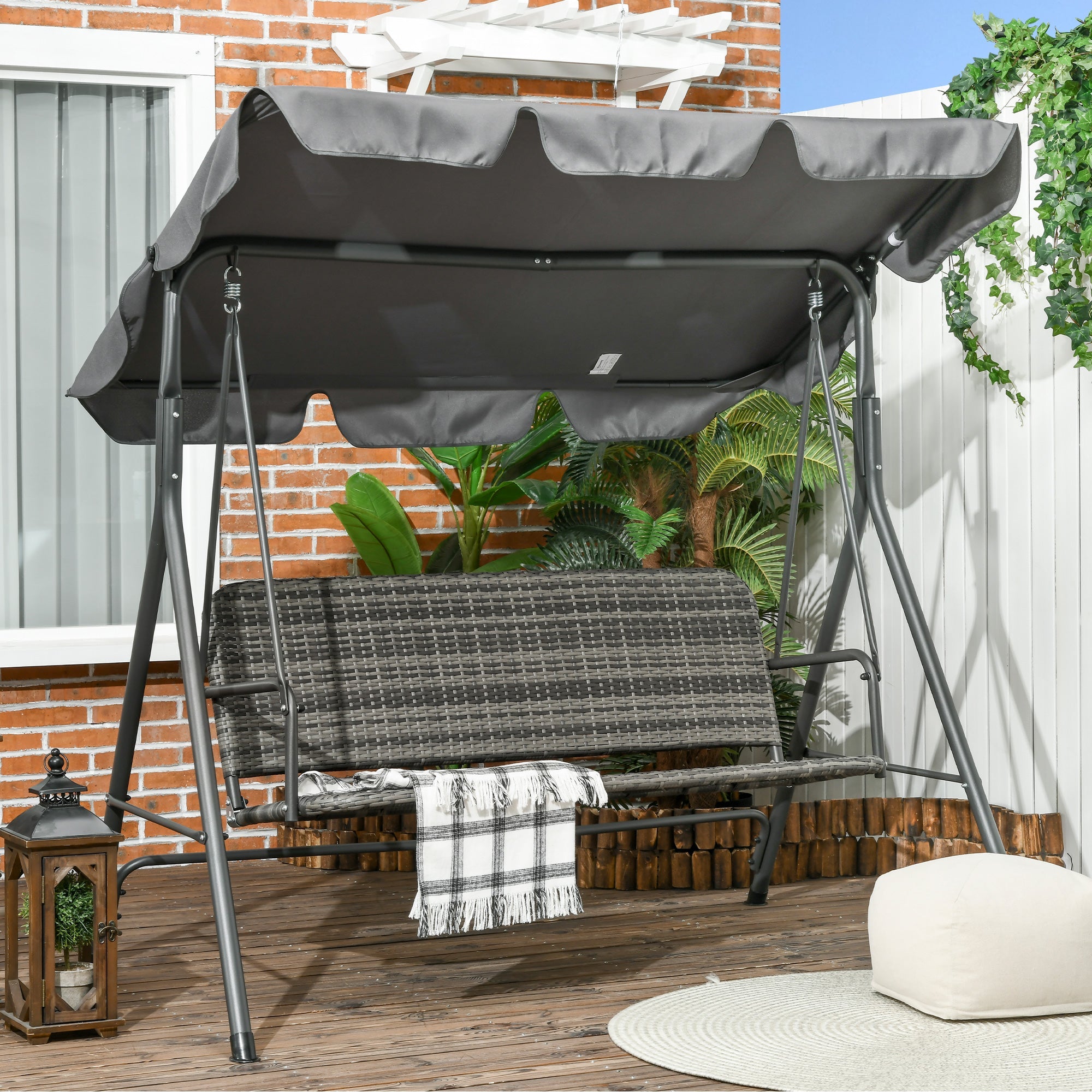 EasyComfort Dondolo da Giardino 3 Posti con Tettuccio Regolabile in Rattan PE, 167x112x153cm, Grigio Scuro