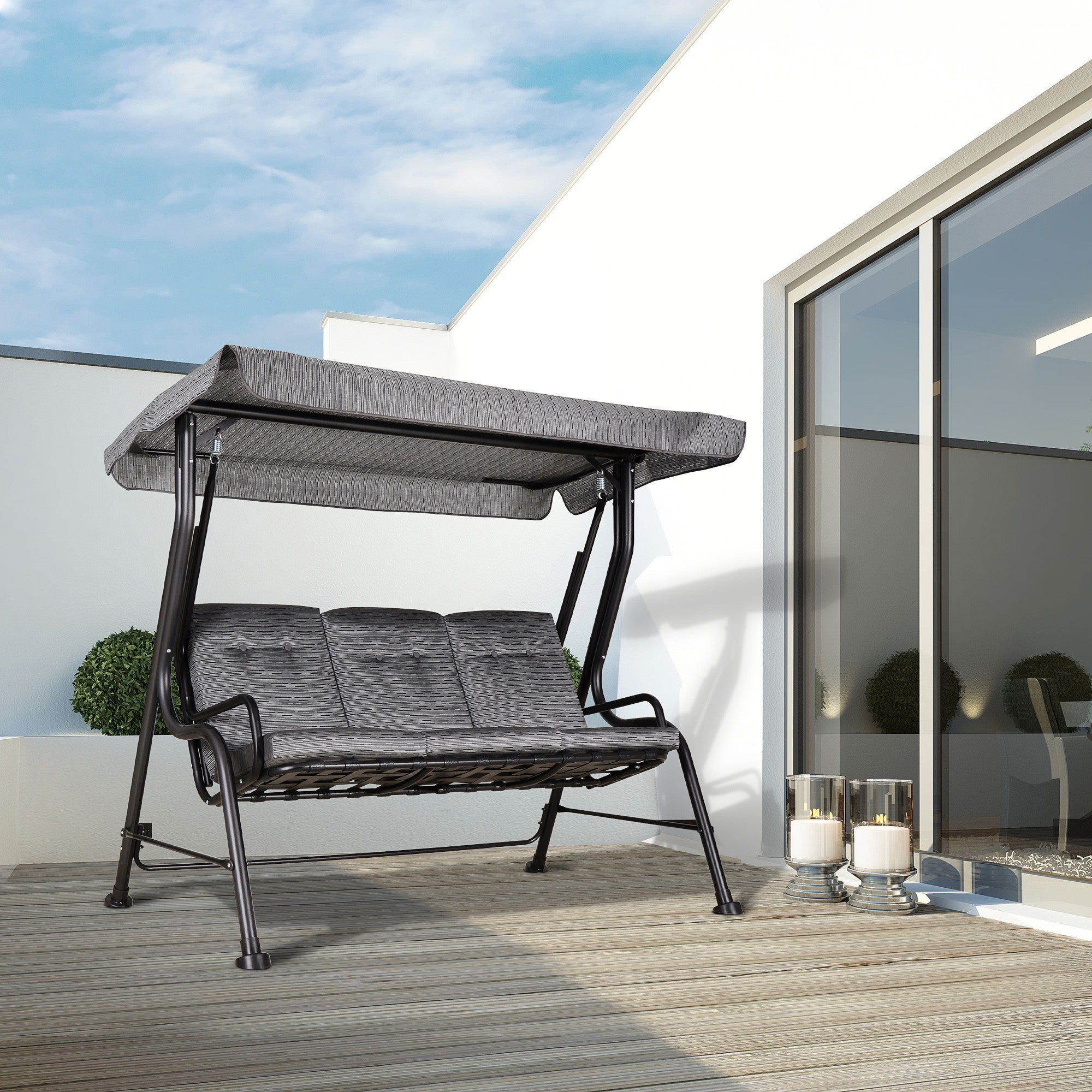 EASYCOMFORT Garden Swing for 3 People with Adjustable Canopy and Cushions, 200x120x170cm, Black