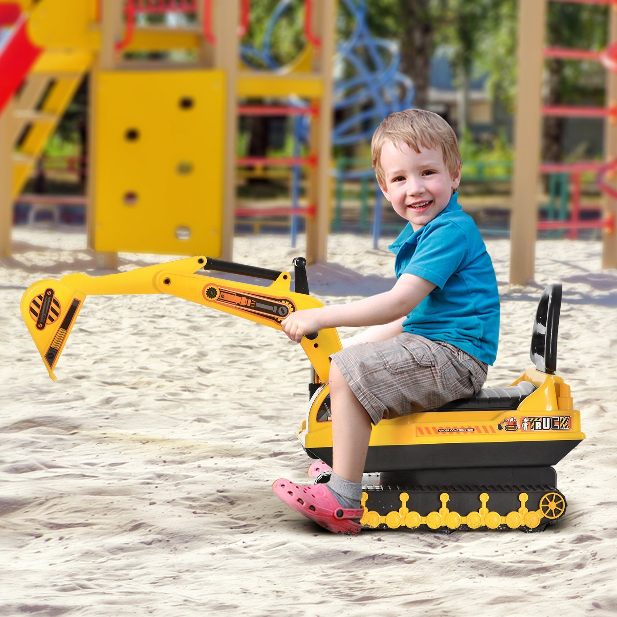 Easycomfort Escavatore Ruspa Giocattolo Cavalcabile per Bambini max. 30 kg with Schienale, Braccio Mobile e Vano Contenitore, 78x24x58.5cm