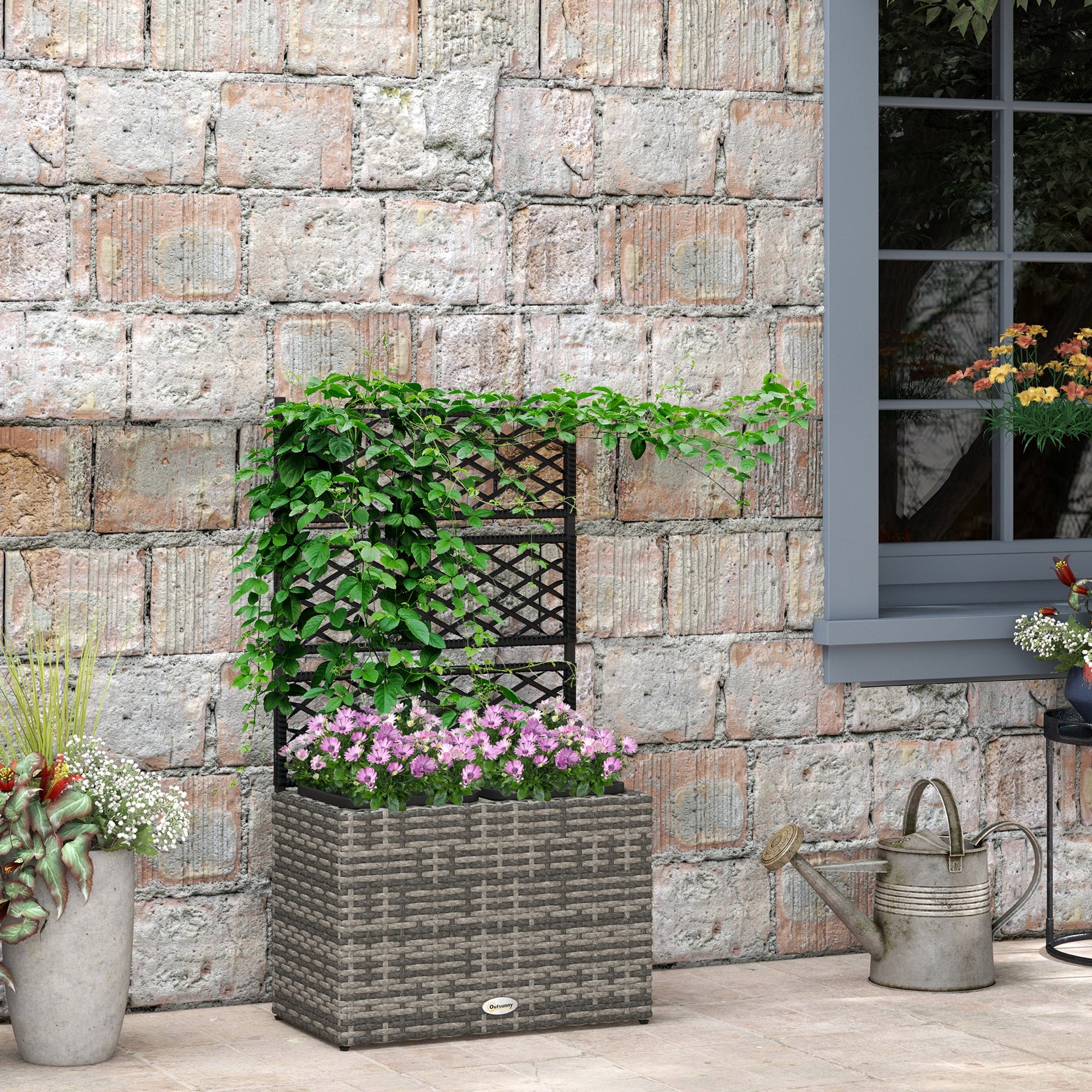 EasyComfort Fioriera con Grigliato per Rampicanti con 2 Vasi in Acciaio e Rattan PE, 57x30x107cm, Grigio