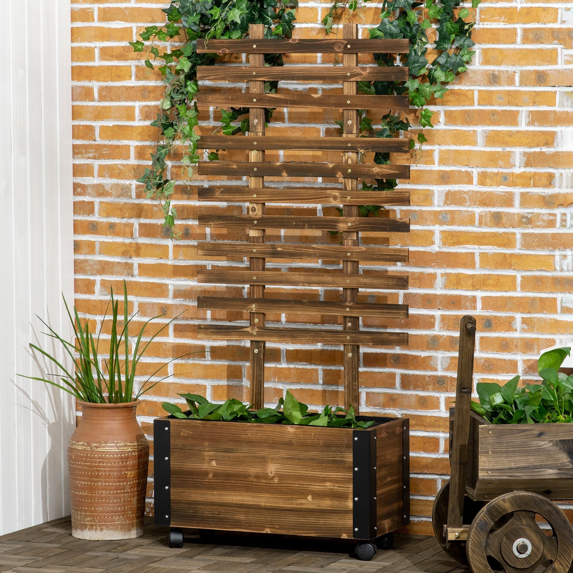 EasyComfort Fioriera with Traliccio per Rampicanti e Rotelle, in Legno di Abete, 65x31x147 cm, Marrone