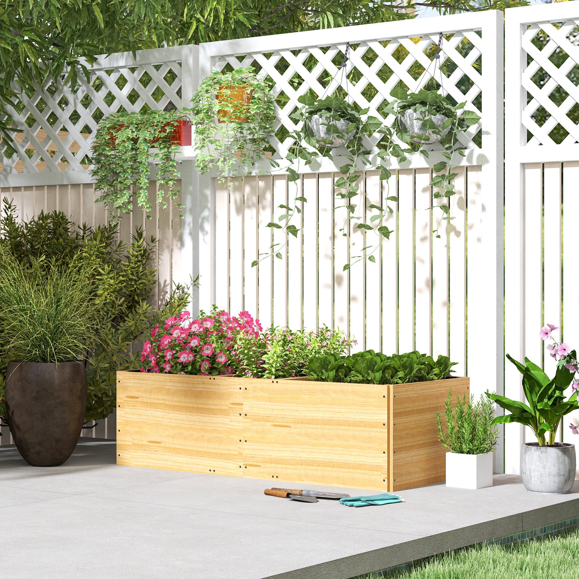 EasyComfort Fioriera da Esterno in Legno di Abete Divisa in 3 Aree with Strato in Tessuto non Tessuto, 140x60x40 cm