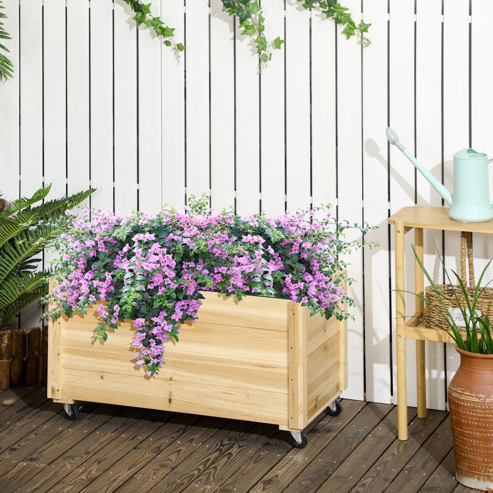EasyComfort Fioriera da Giardino with Foro di Drenaggio e Rotelle, in Legno di Abete, 89x48x47 cm