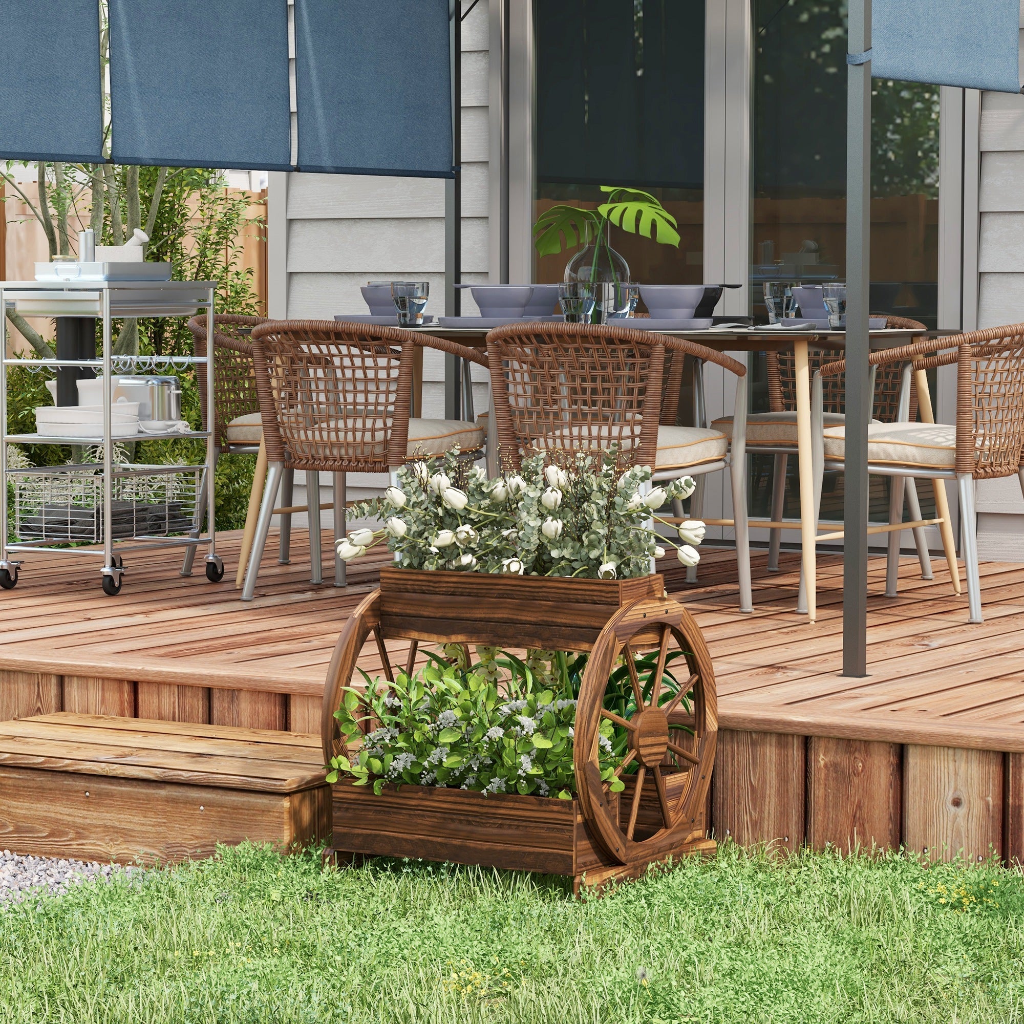 EasyComfort Fioriera in Legno da Esterno a 2 Livelli with 3 Vasi e Ruote di Carro Stile Country, 64x54x60cm
