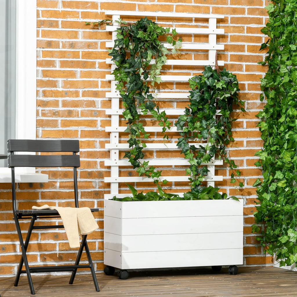 Easycomfort Fioriera Verticale with 4 Ruote e Traliccio per Piante Rampicanti in Legno, 76x30x155cm, white