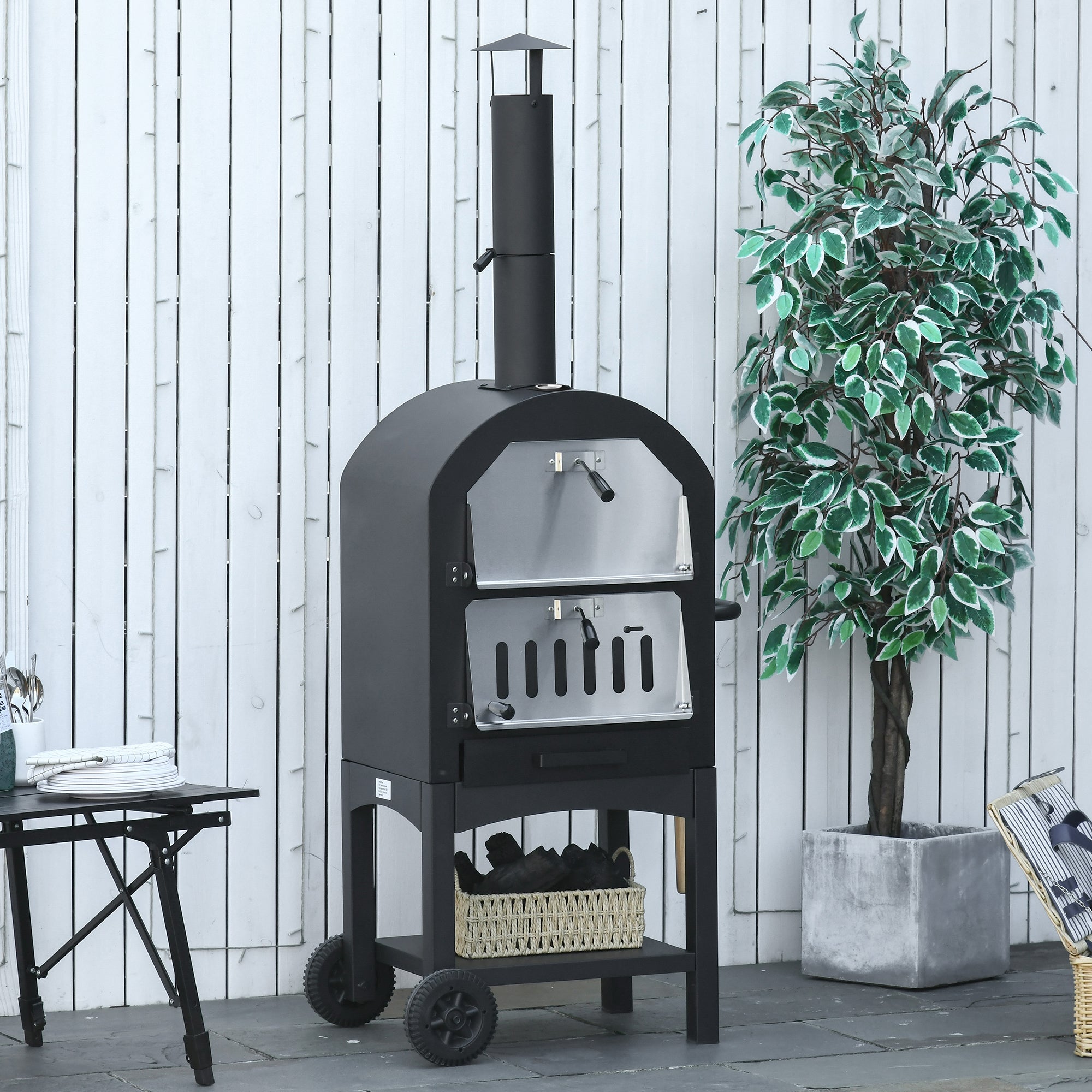 EasyComfort Forno per Pizza e Barbecue a Carbone Portatile in Acciaio con Camino e Ruote, 63x54x161 cm, Nero