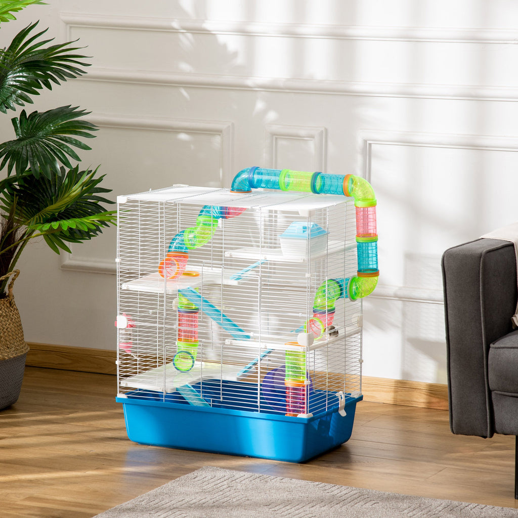 EasyComfort Gabbia Criceti a 5 Livelli con Tubi, Casetta, Serbatoio e Ruota, in Acciaio, PP e PS, 59x36x69 cm, Blu e Bianca