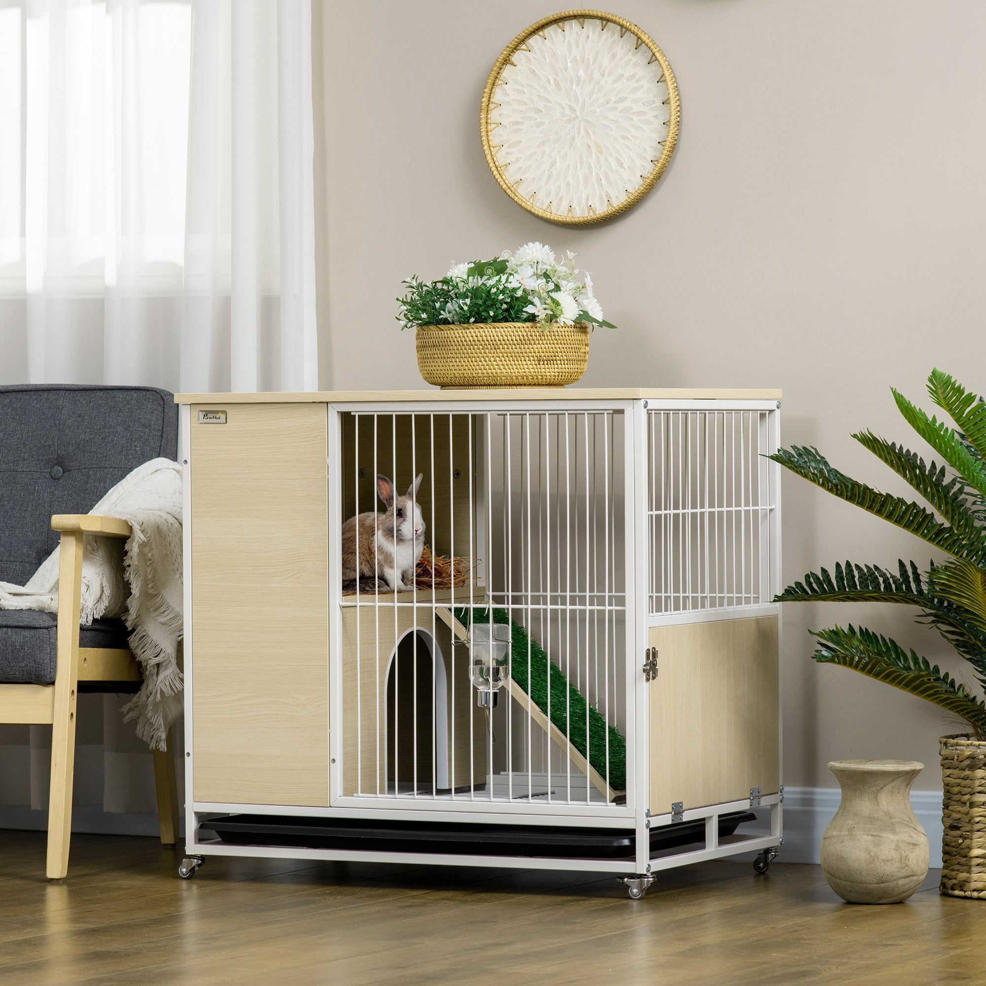 Easycomfort Gabbia per Conigli with Serbatoio d'Acqua e Vassoio Estraibile, in Truciolato, Acciaio e PVC, 78x52.5x76.5 cm