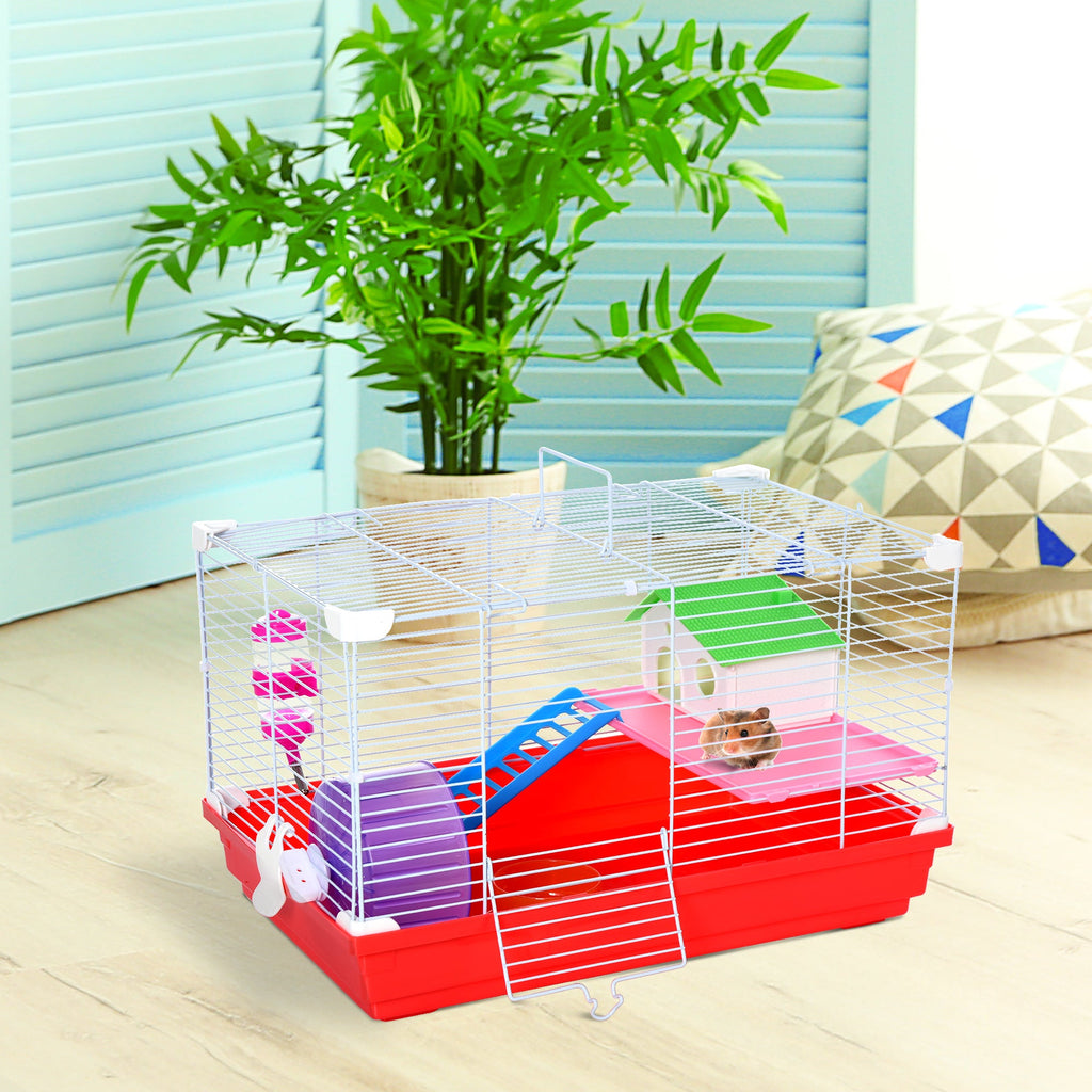 EasyComfort Hamsterkooi 2 niveaus met huisje, drinkfles en looprad 47x30x27 cm