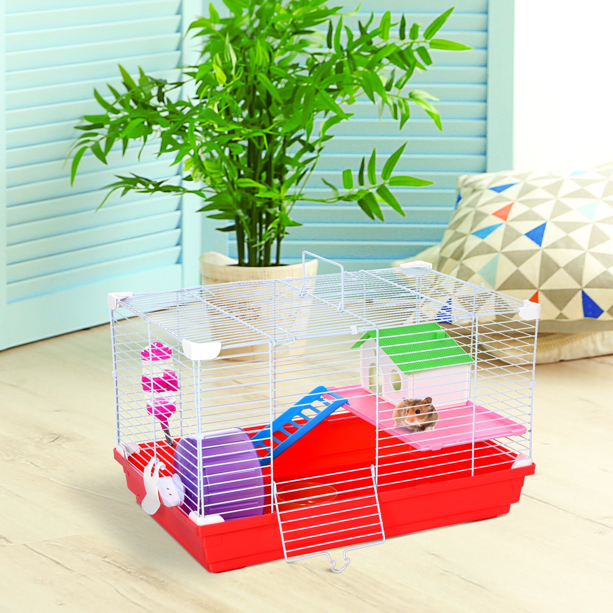 EasyComfort Hamsterkooi 2 niveaus met huisje, drinkfles en looprad 47x30x27 cm
