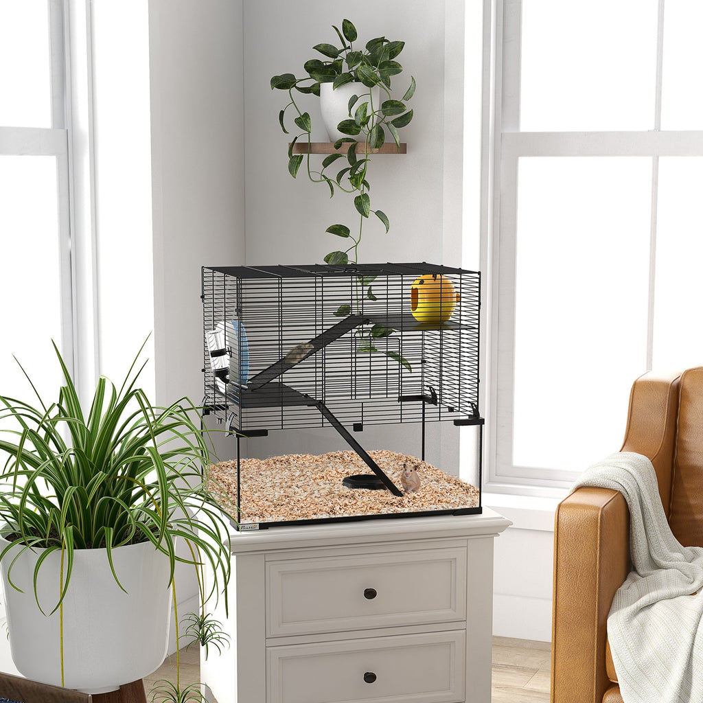 EasyComfort Gabbia per Criceti a 3 Livelli con Ruota, Rampe e Fondo Rimovibile, 60x40x57cm, Nero