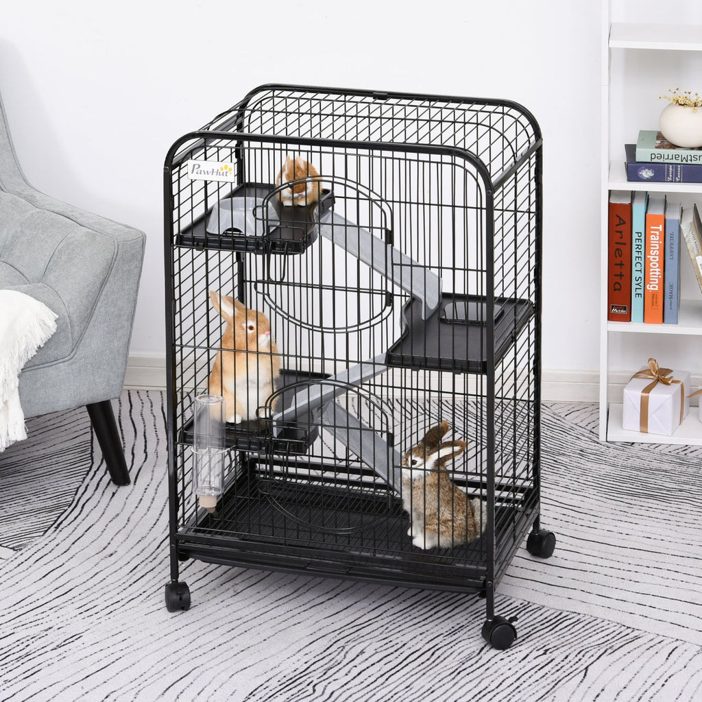 EASYCOMFORT Cage for Rodents with Wheels, Bowl and Bottle, 64x43.5x93cm, Black