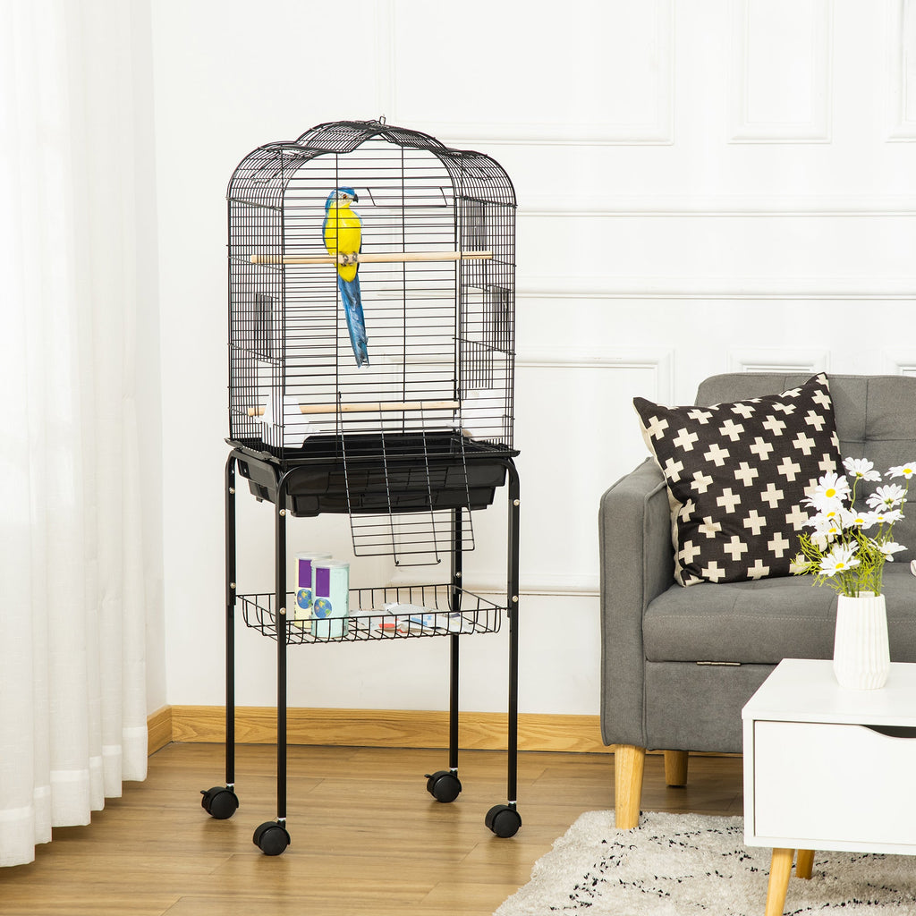 EasyComfort Gabbia per Uccelli with 3 Posatoi, 2 Ciotole e 2 Porte Laterali, in Acciaio, PP e Legno, 46x36x130 cm, Nera