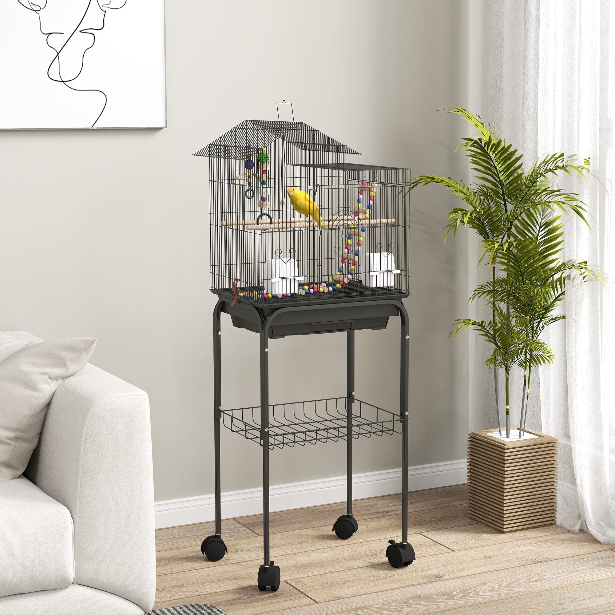 EasyComfort Vogelkooi met onderstel, zwenkwielen en accessoires, 46x36x120 cm